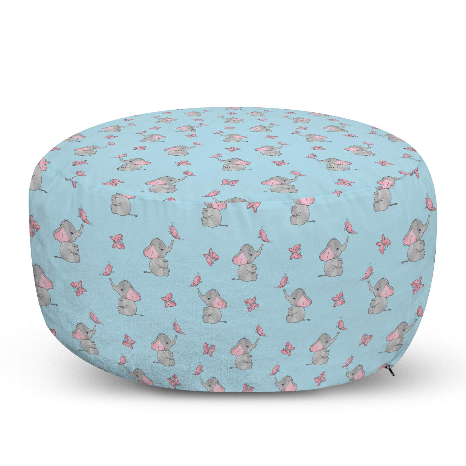 Ambesonne Cartoon Ottoman Pouf - Funny Elephant & Butterfly Pattern Foot Rest with Removable Cover - Soft Decorative Pouf for Living Room, Bedroom - Pale Blue & Pink - Perfect for Relaxing, Reading & Home Decor