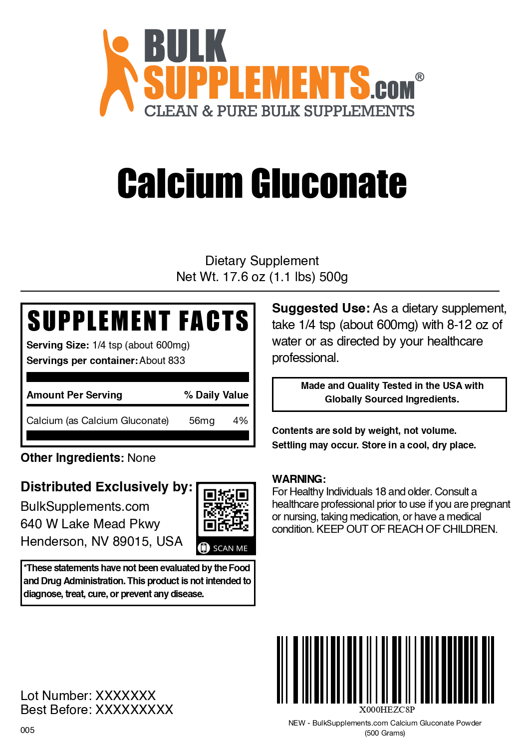 Premium Calcium Gluconate Powder Supplement - 100% Pure & Lab-Tested for Bone Health & Muscle Function - Ideal for Baking, Smoothies & Nutritional Support