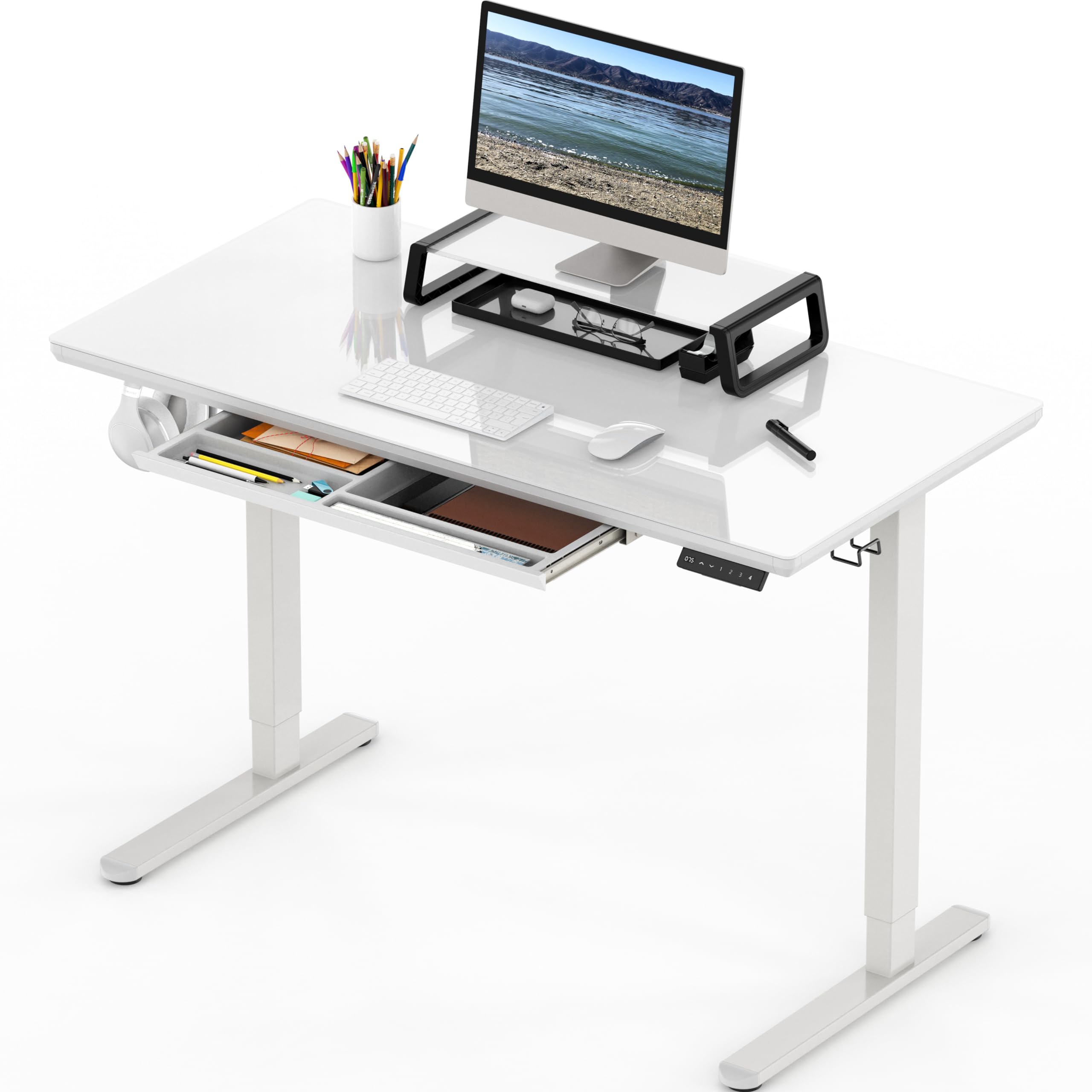 SHW 47 Inch White Glass Electric Height Adjustable Standing Desk with Monitor Riser & Storage Drawer - Perfect for Home Office, Gaming Setup & Workspace Ergonomics