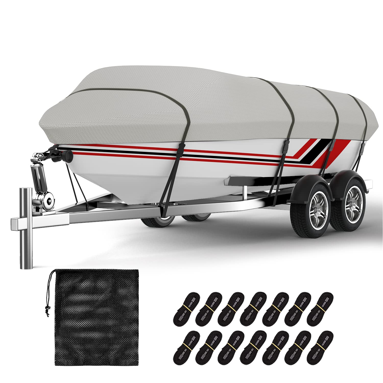 VINPATIO 600D Heavy Duty Waterproof Boat Cover for 23-24 ft Bass & Fishing Boats - Marine Grade Trailerable V-Hull Runabout Cover with Storage Bag (Light Grey) | Perfect for Outdoor Storage & Boat Protection