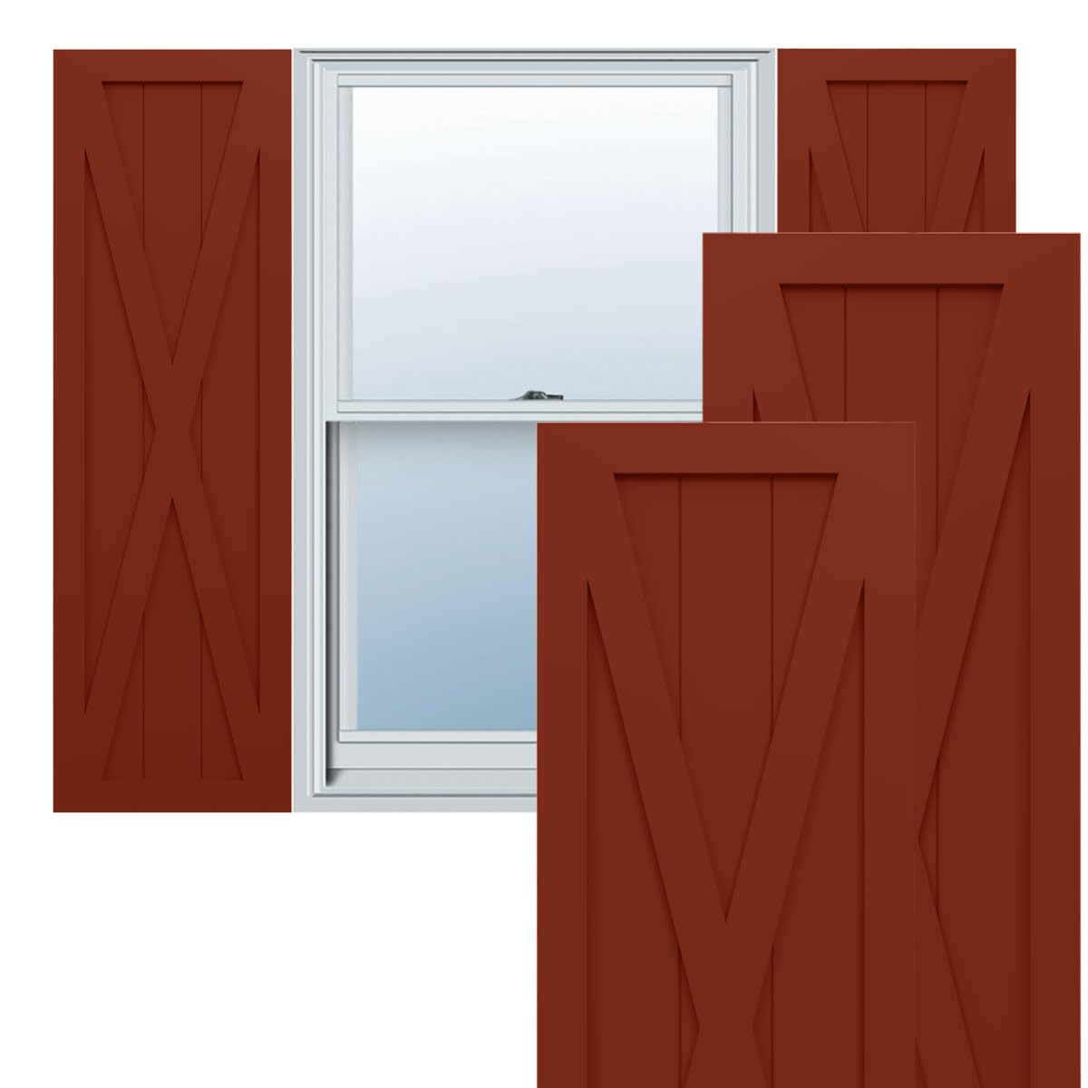 Ekena Millwork TFP001FH15X029MR True Fit PVC Single X-Board Farmhouse Shutters - 15x29 Inch Fixed Mount Window Shutters (Pair, Hardware Not Included) in Pepper Red - Perfect for Farmhouse Style Homes, Living Rooms & Exterior Windows