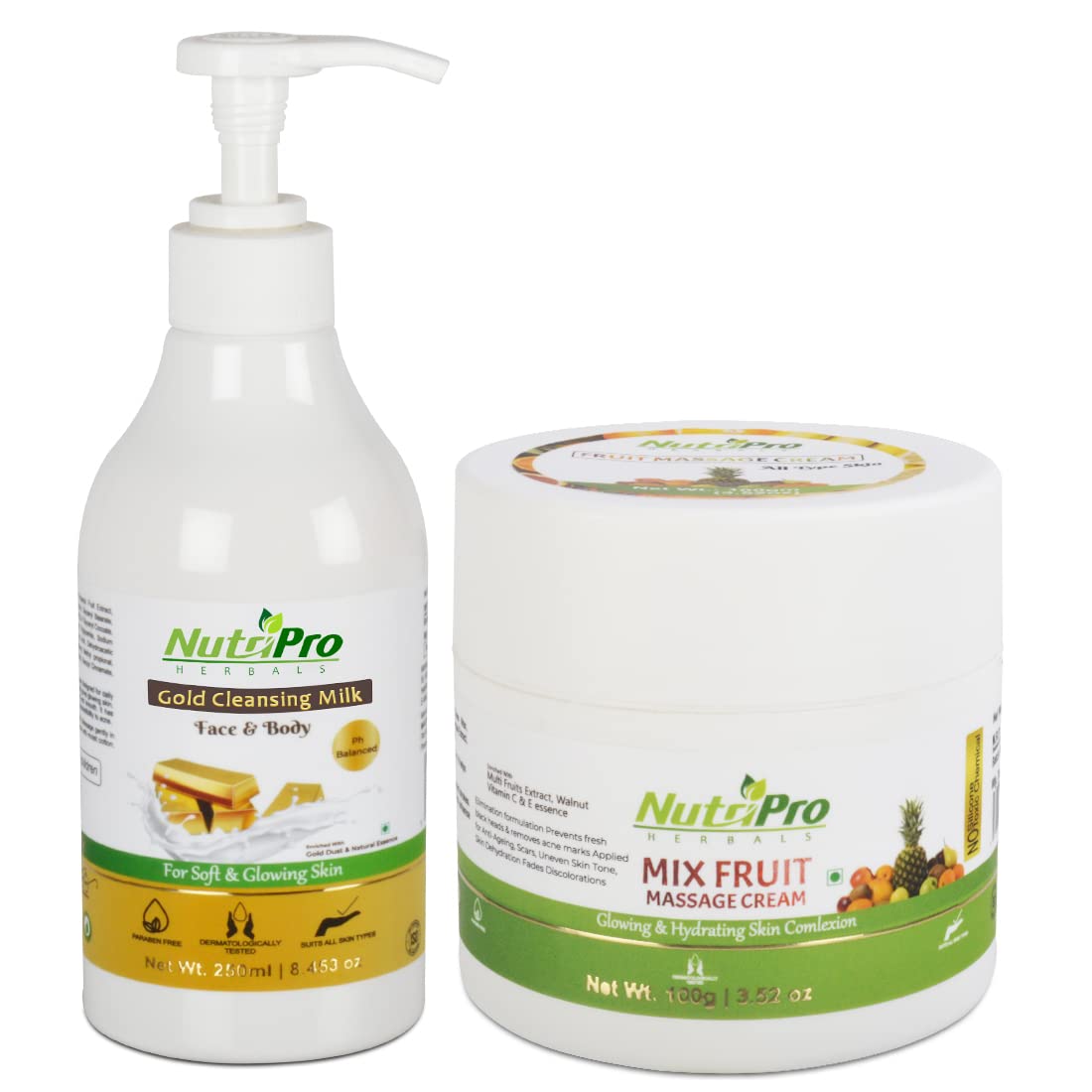 NutriPro Gold Cleansing Milk with Mixed Fruits Massage Cream 350g - Enriched with Gold, Vitamin E, Almond Oil & Apple Extract for Soft, Glowing Skin & Anti-Acne Therapy | Daily Facial Cleanser & Moisturizer for Radiant Complexion | Perfect for Morning & Night Skincare Routine