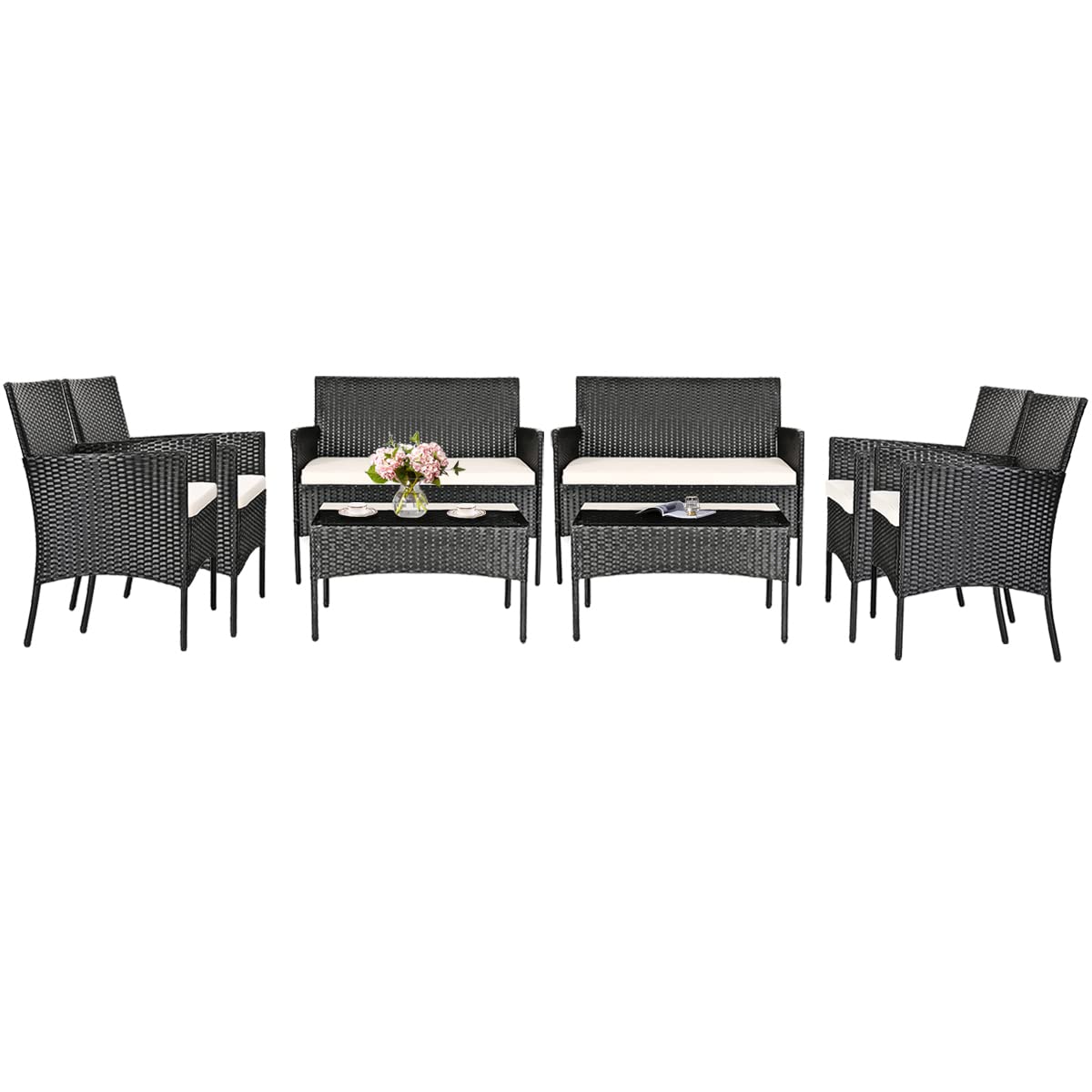 HAPPYGRILL 8-Piece Outdoor Patio Furniture Set - Rattan Wicker Conversation Sofa Set with Tempered Glass Table & Removable Cushions - Perfect for Poolside, Garden, Backyard, and Patio Relaxation