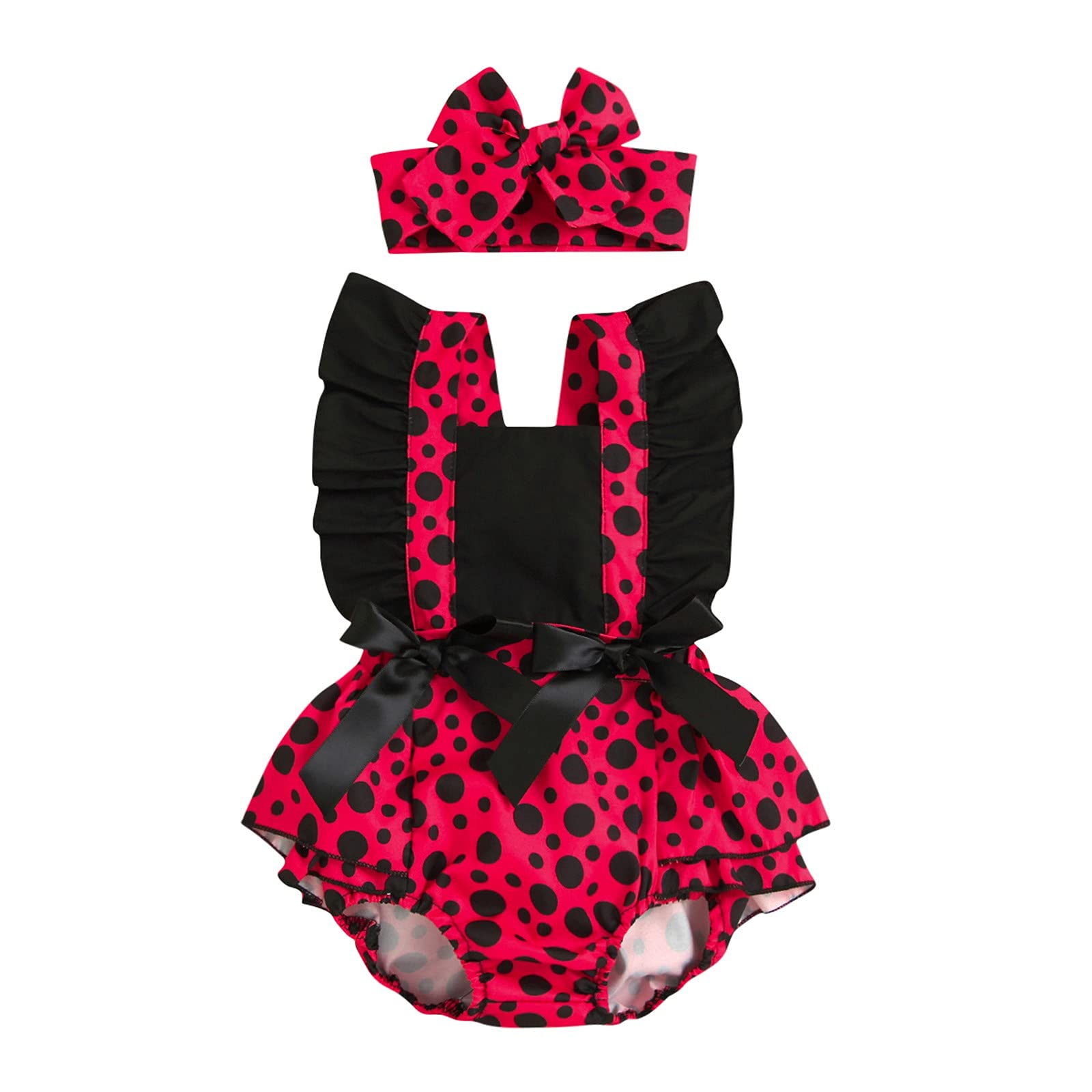 Baby Girls Ruffle Dot Print Jumpsuit Romper Outfit Set with Headband - Newborn & Infant Clothes for Photo Shoots, Parties & Everyday Wear