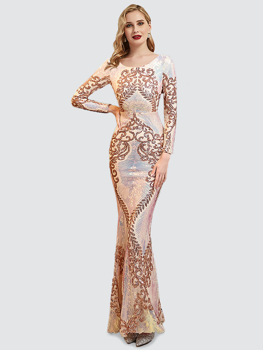 Elegant Champagne Gold Backless Long Sleeve Sequin Maxi Mermaid Evening Gown for Women - Perfect for Formal Dinners, Prom, Wedding Guest & Special Occasions