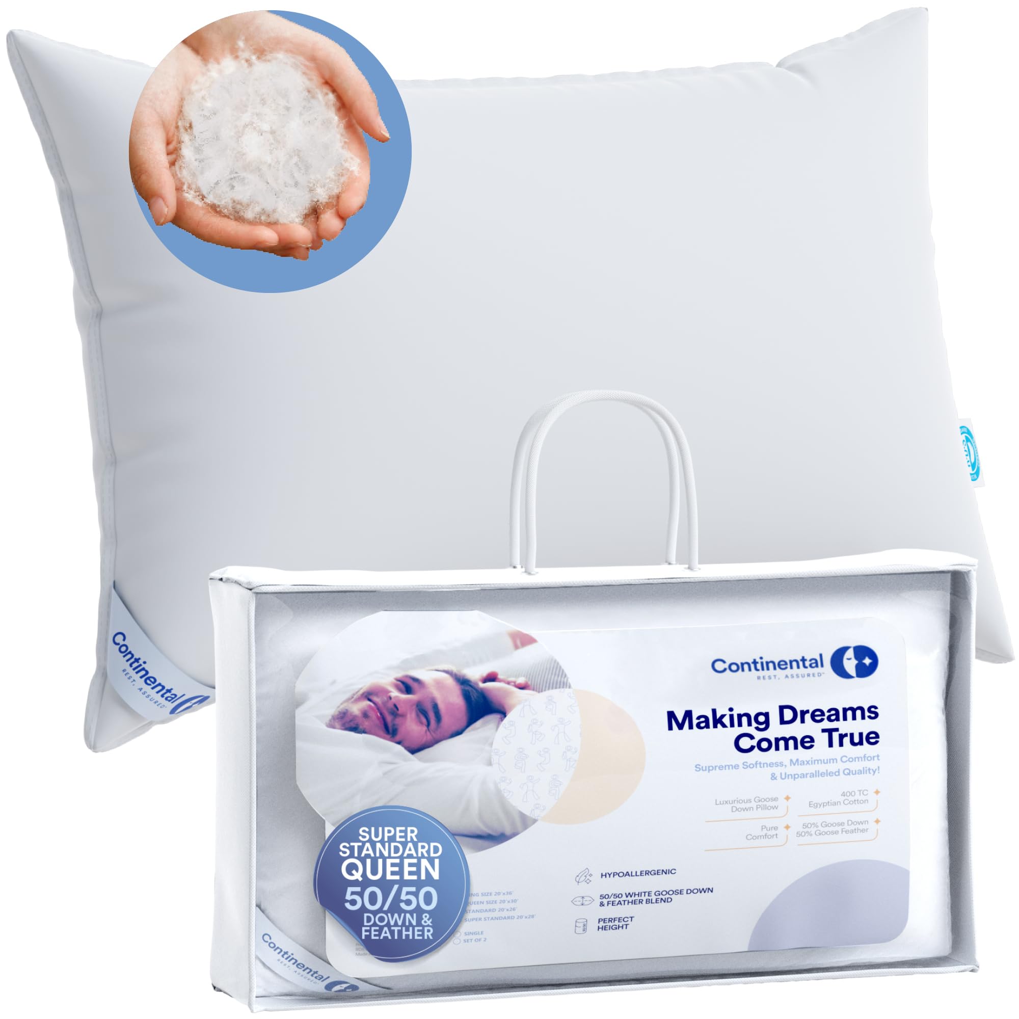 Premium Continental Bedding Luxury Pillow - 50% Goose Down & 50% Feather Fill - Super Standard Size - White - Perfect for Back Sleepers, Side Sleepers & Hotel-Style Comfort