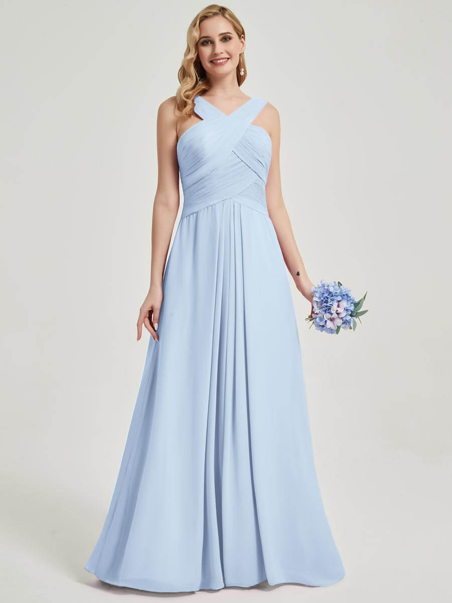 Elegant Cornflower Blue V-Neck A-Line Floor-Length Chiffon Bridesmaid Dress for Weddings & Formal Events