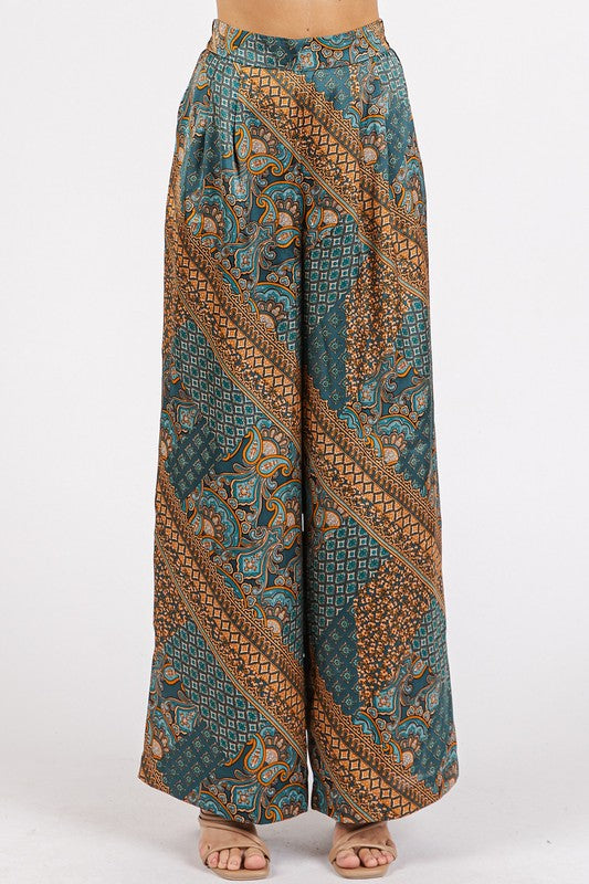 Stylish Paisley Patchwork Print Satin Wide Leg Resort Pants for Women - Comfortable Vacation Loungewear, Beach Cover-Up & Summer Travel Outfit