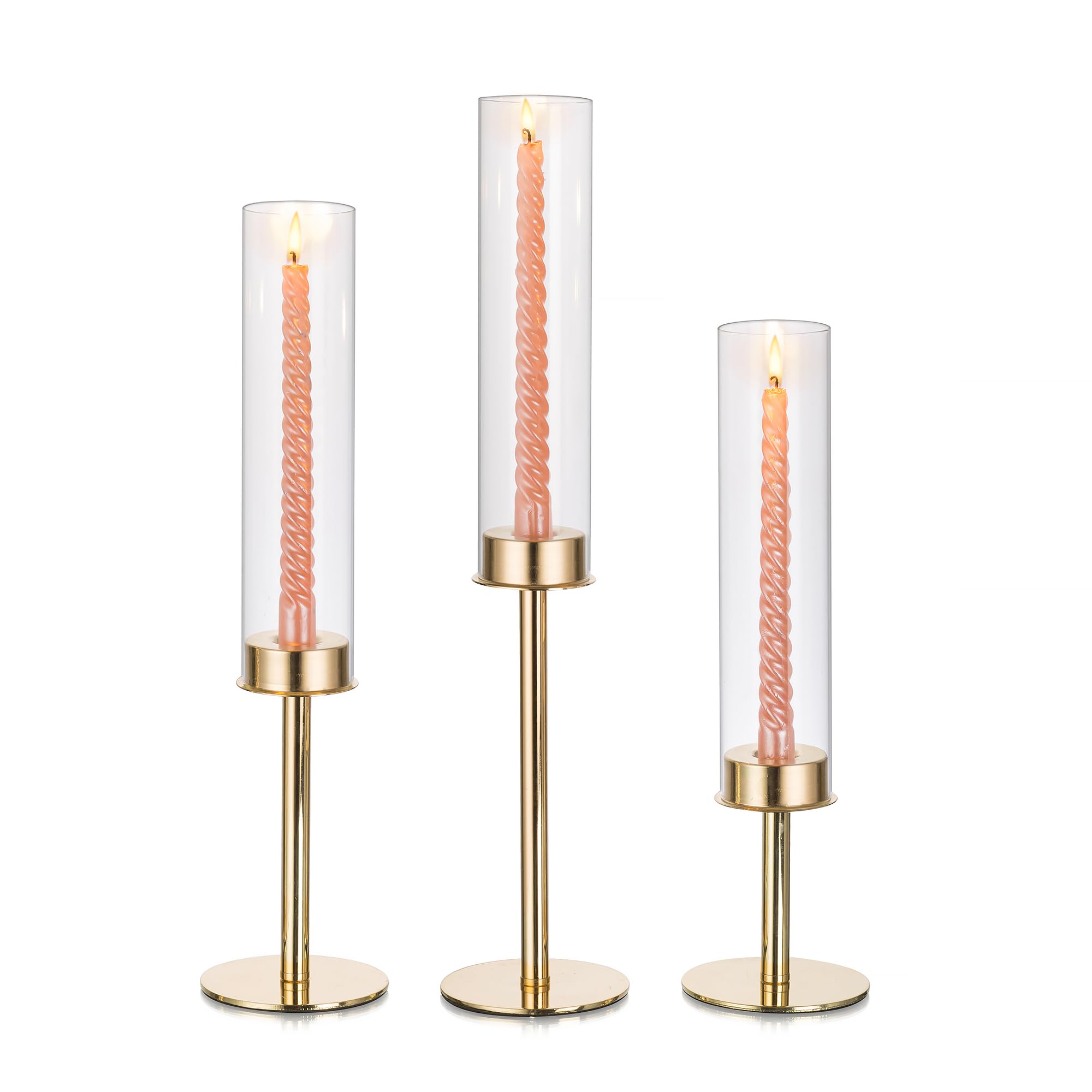 Glasseam Hurricane Candle Holders Set of 3 - Gold Glass Taper Candle Holders with Clear Cylinder Shade, Modern Tall Candle Sticks for Wedding Centerpiece, Dining Table Decor, Romantic Dinner & Home Ambiance Lighting