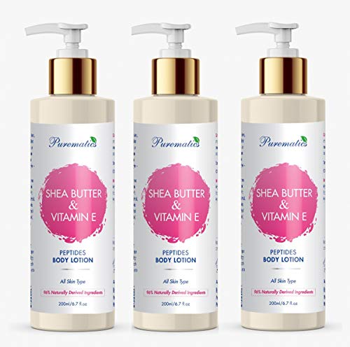 PUREMATICS Shea Butter & Vitamin E Peptides Body Lotion - 600ml (Pack of 3) - Deep Moisturizing & Anti-Aging Skin Care for Dry, Sensitive Skin - Perfect for Daily Use, After Shower & Night Routine