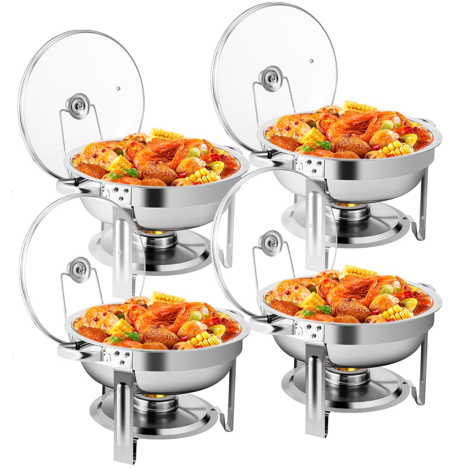 YORKING 4-Pack 4QT Round Chafing Dish Buffet Set with Glass Lid & Holder - Stainless Steel Food Warmer for Catering, Weddings, Parties & Buffets - Keep Food Warm at Events, Banquets & Holiday Dinners