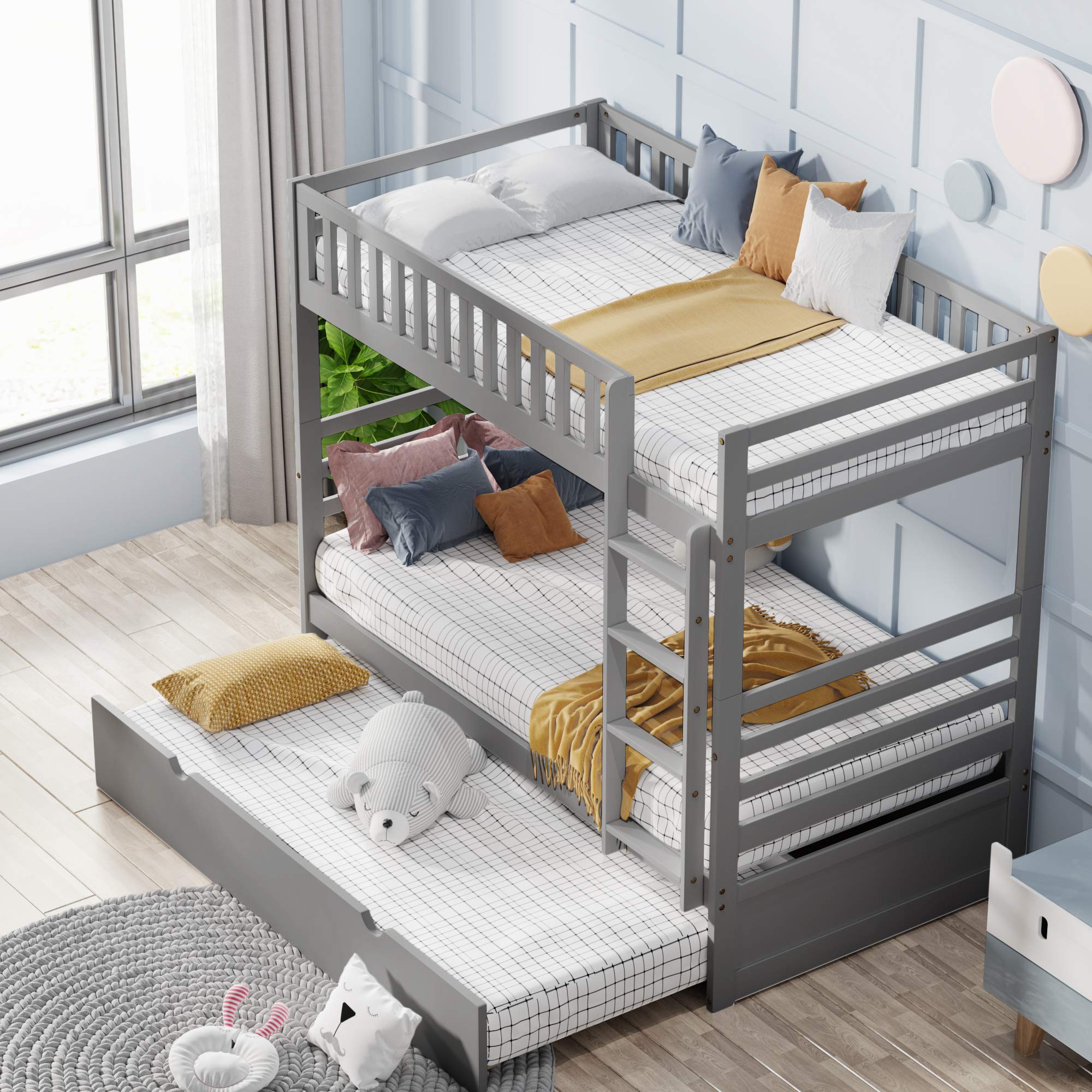 Twin Over Twin Wooden Bunk Bed with Trundle - Twin Size Bunk Bed Frame with Safety Rail & Ladder - Space-Saving Gray Kids Bunk Bed for Small Bedrooms, Guest Rooms & Vacation Homes