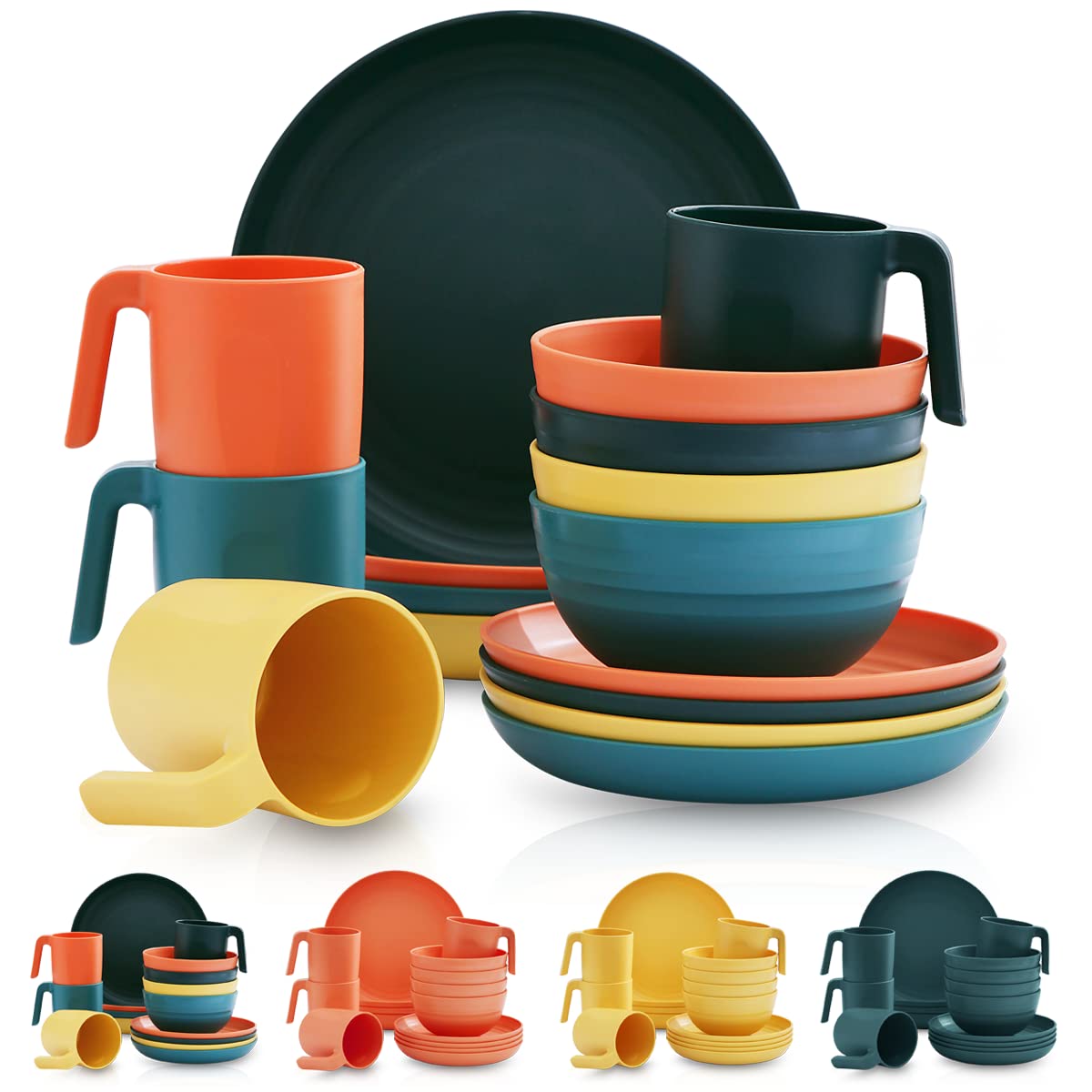 Kyraton 16-Piece Unbreakable Plastic Dinnerware Set - Lightweight, Reusable Plates, Mugs & Bowls | BPA-Free, Microwave & Dishwasher Safe | Ideal for Camping, Picnics & Outdoor Dining (Multi-Color)