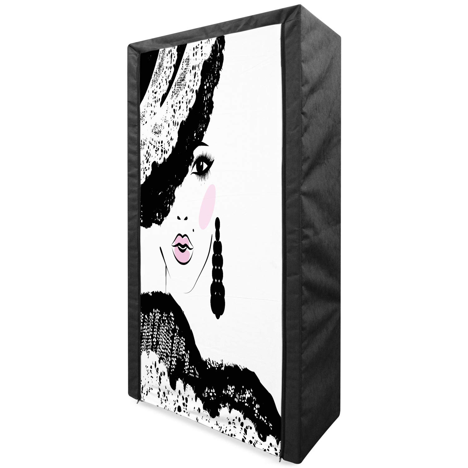 Ambesonne Portable Fabric Wardrobe for Teens | Baroque Abstract Woman Face & Patterned Hat Design | 33.5