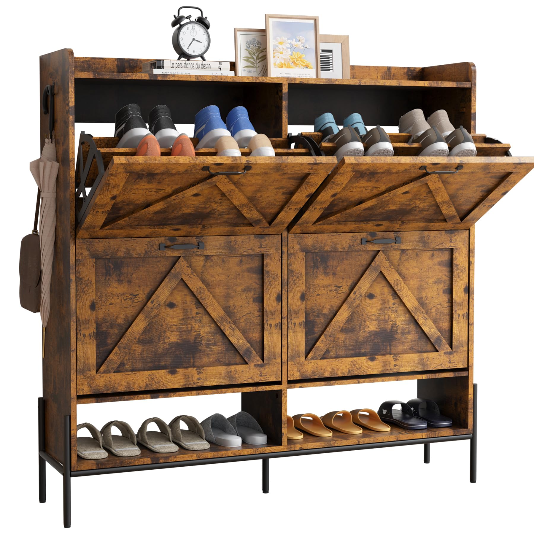 4-Tier Flip-Drawer Shoe Storage Cabinet - Freestanding Entryway Organizer with Metal Legs | Dry & Wet Separation Shoe Rack for Hallway, Closet & Mudroom Organization (Brown)