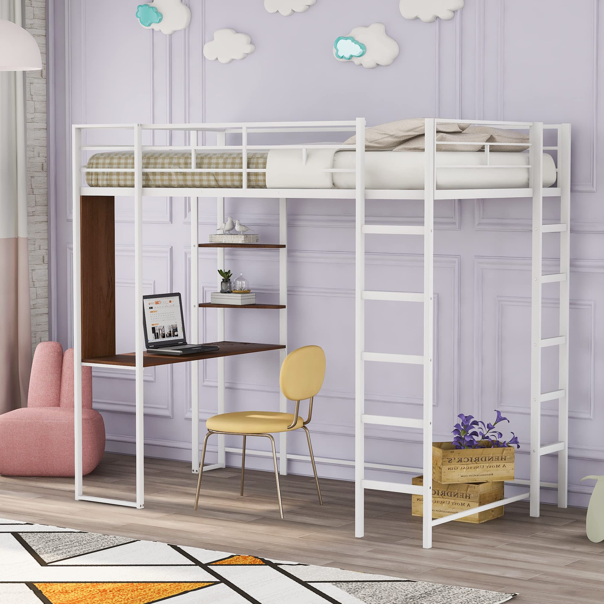 Twin Size Loft Bed with Study Desk & Storage Shelves - Sturdy Metal Frame with Safety Ladder & Guardrails - Space Saving Design for Small Bedrooms - Perfect for Kids, Teens & Guest Rooms (White) - Ideal for Dorm Rooms, Studio Apartments & Tiny Homes