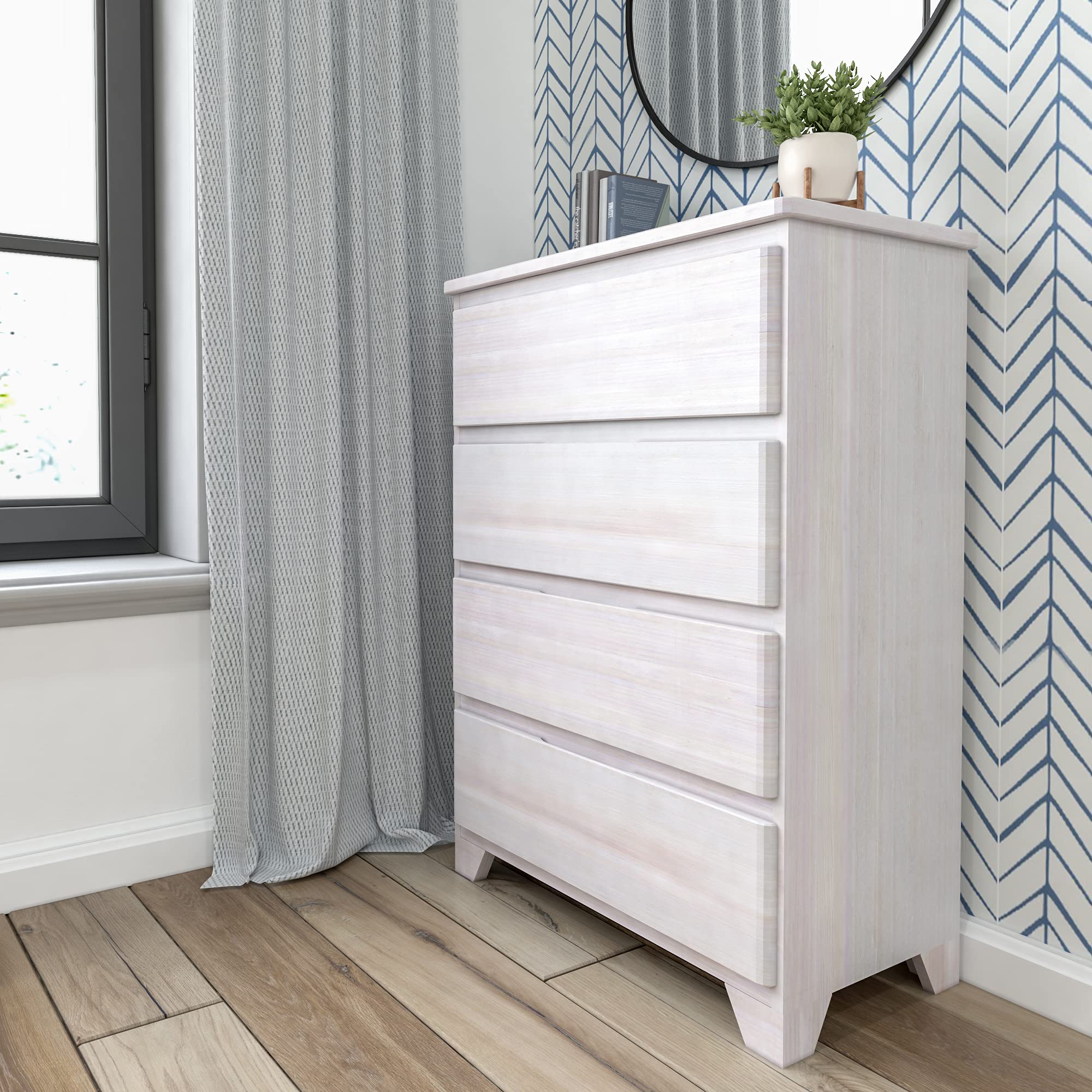 Rustic White Wash 4-Drawer Wood Dresser by Plank+Beam - Farmhouse Bedroom Storage for Clothes, Blankets & Linens