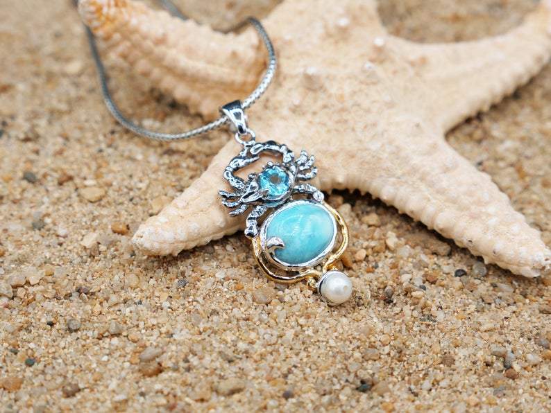 Unique Handmade Crab Pendant Necklace with Genuine Larimar, Blue Topaz & Pearl - One-of-a-Kind Jewelry for Beach Vacations & Summer Fashion