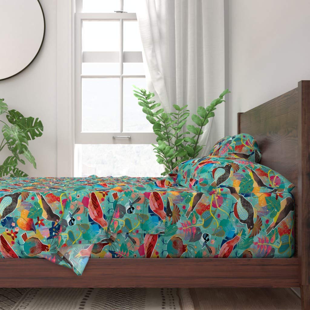 Bohemian Birds 100% Cotton Twin Sheet Set 3pc - Tropical Retro Bird Paradise Print Custom Bedding for Kids Room | Soft & Breathable Cotton Sheets for Nursery, Guest Room & Dorm Decor