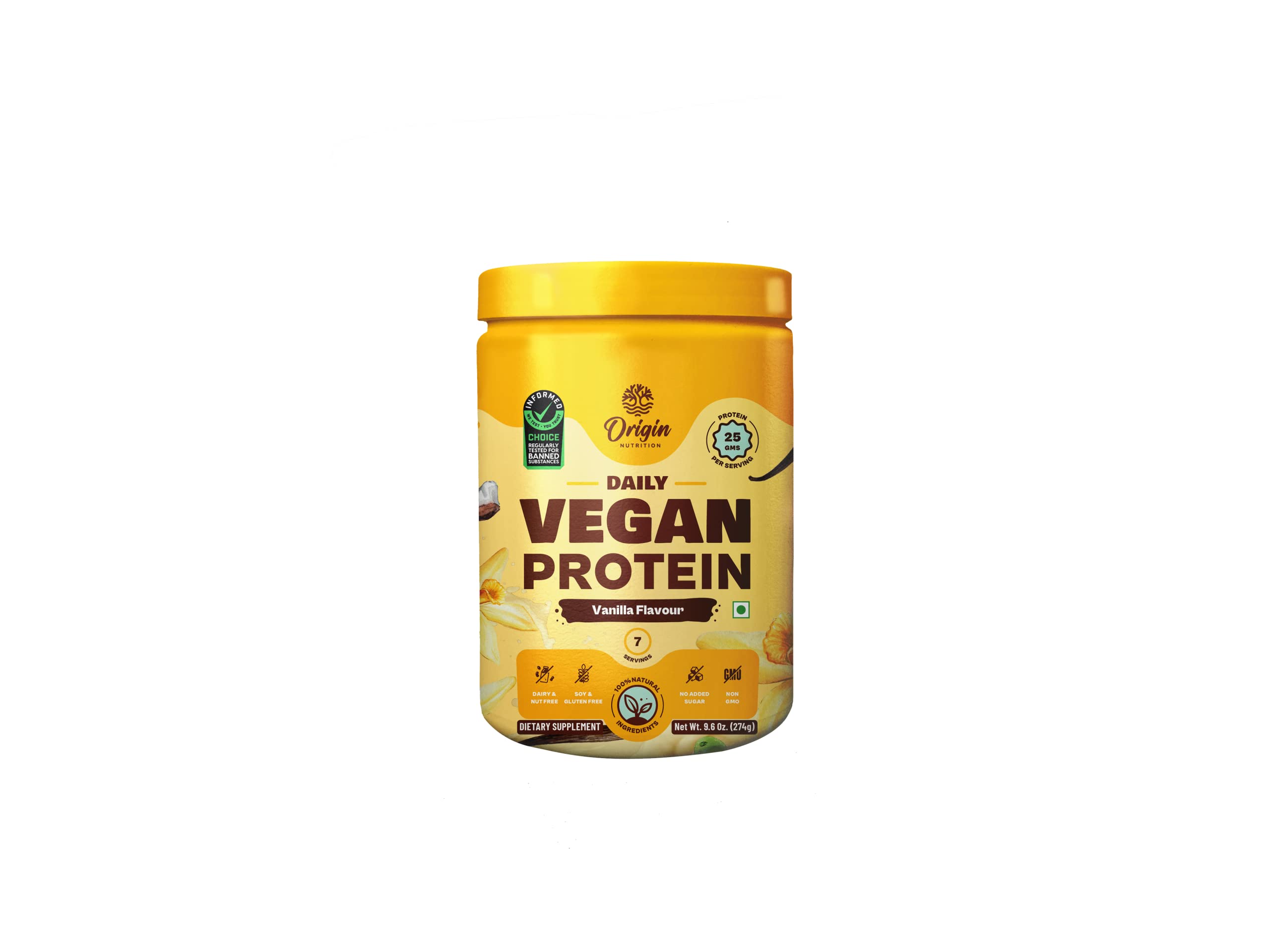 Origin Nutrition 100% Natural Vegan Protein Powder - Vanilla Flavor with 25g Plant-Based Protein | Gluten Free, Dairy Free, No Added Sugar, Soy Free, Kosher, Non-GMO | 7 Servings for Post-Workout Recovery & Healthy Smoothies