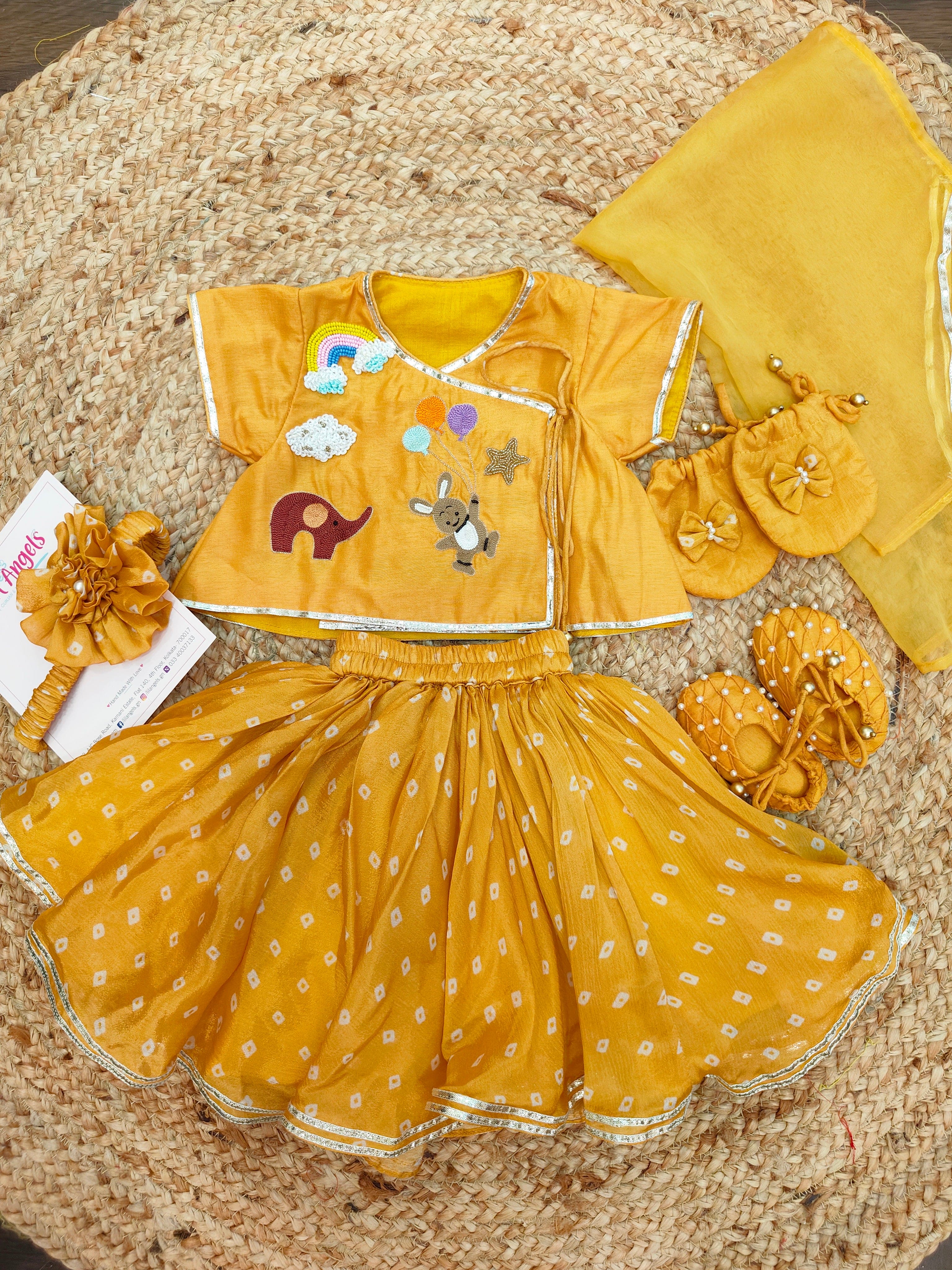 Pre Order: Fun Embroidered Yellow Bandhej Jaamna - Stylish Traditional Indian Kurti for Women | Perfect for Festivals, Weddings & Casual Wear