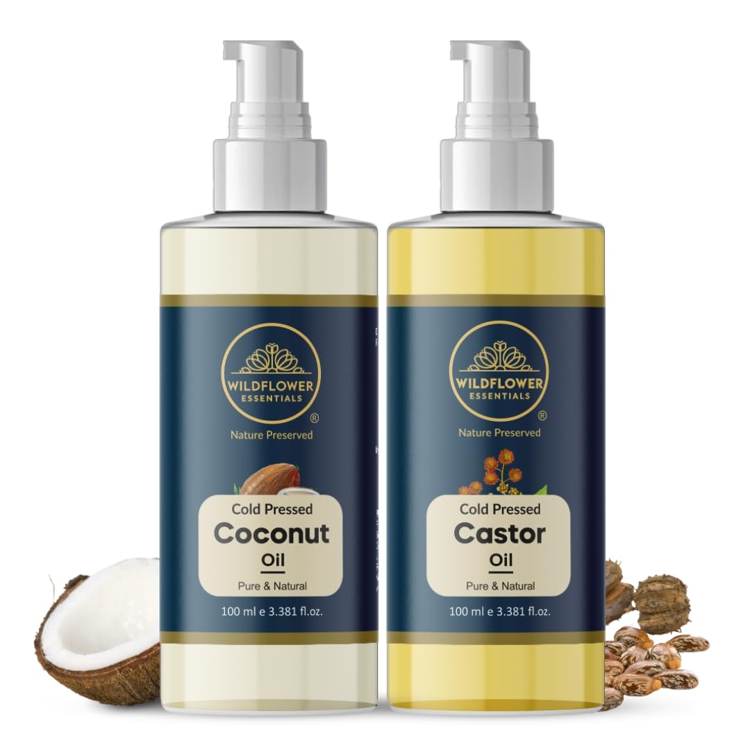 Organic Cold Pressed Coconut Oil & Castor Oil Combo for Hair Growth, Eyebrow & Beard Care, Skin Moisturizer - 100% Pure Natural Hair & Body Treatment (100ml + 100ml) - Perfect for DIY Beauty, Massage & Natural Hair Regimen