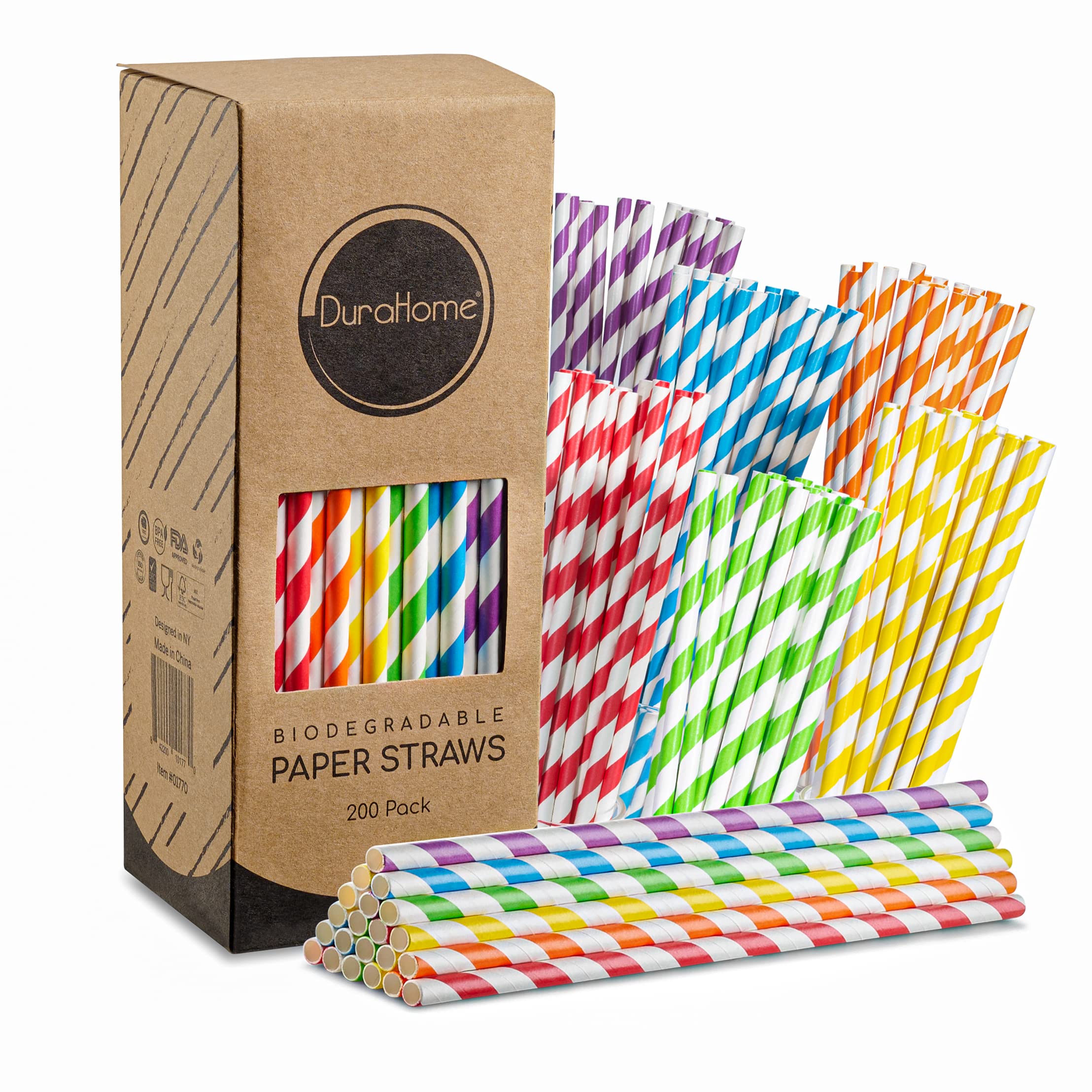 Eco-Friendly Biodegradable Paper Straws 200 Pack - BPA-Free, 8.25