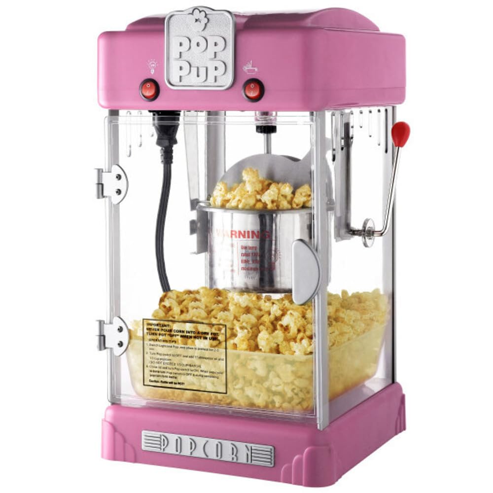 Great Northern Popcorn Pop Pup Popcorn Maker - 2.5oz Mini Tabletop Popcorn Popper with Stainless Steel Kettle & Serving Tray, Pink - Perfect for Movie Nights, Parties, and Home Theater Snacks