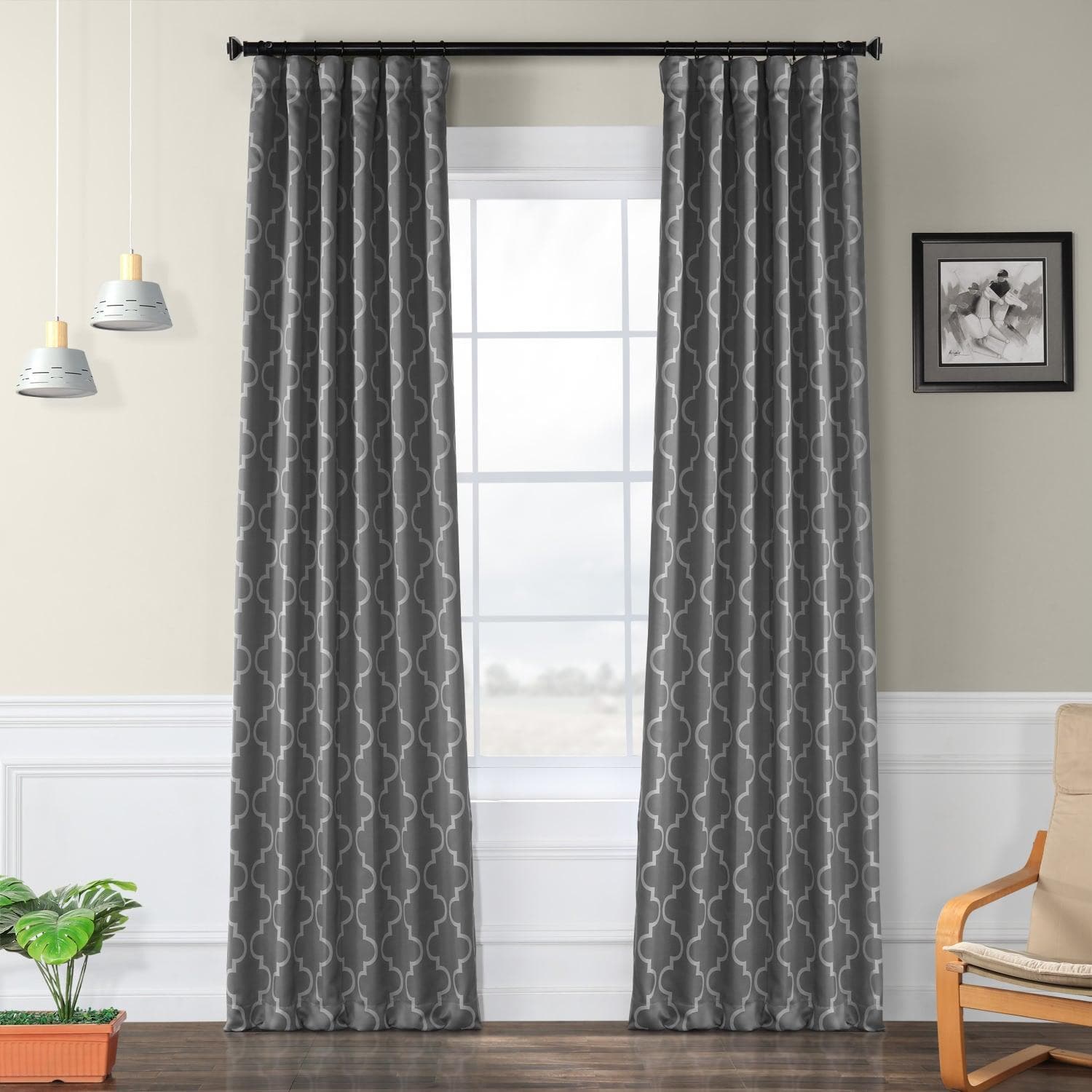 Seville Grey & Silver Geometric Blackout Curtains for Bedroom & Living Room - Modern Window Treatment for Light Blocking & Privacy