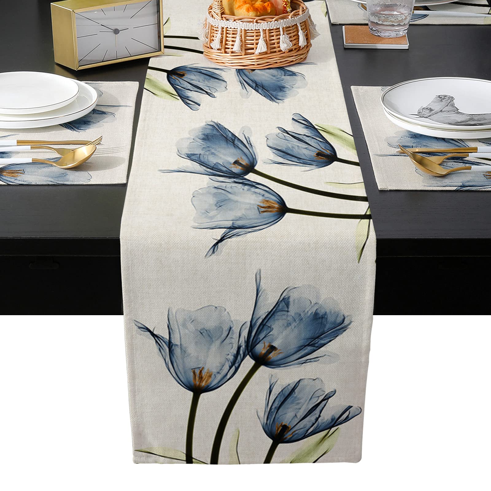 Victories 6-Piece Blue Tulip Linen Table Runner and Placemats Set - 90 Inch Heat-Resistant Cotton Linen Dining Table Runner with Washable Placemats for Home Kitchen Decor - Perfect for Dinner Parties, Holiday Gatherings & Everyday Dining