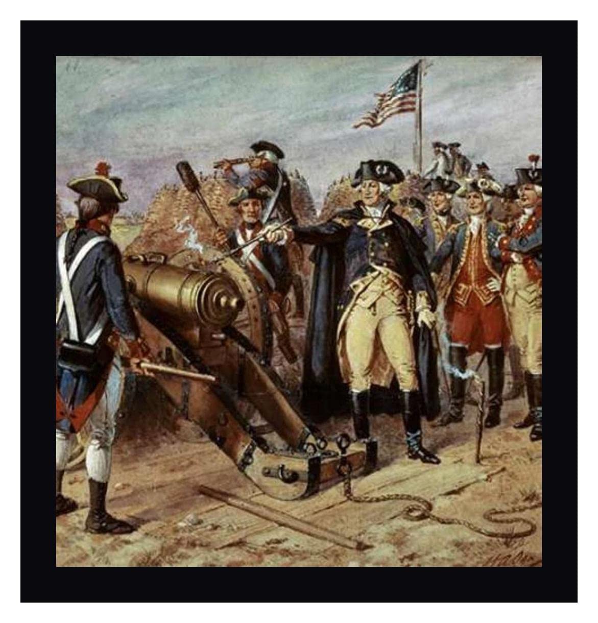 Washington Firing First Shot at Yorktown by Henry Alexander Ogden - 19x20 Inch Framed Canvas Art Print with Black Frame - Ready to Hang - Perfect for Home Office, Living Room, or Historical Decor