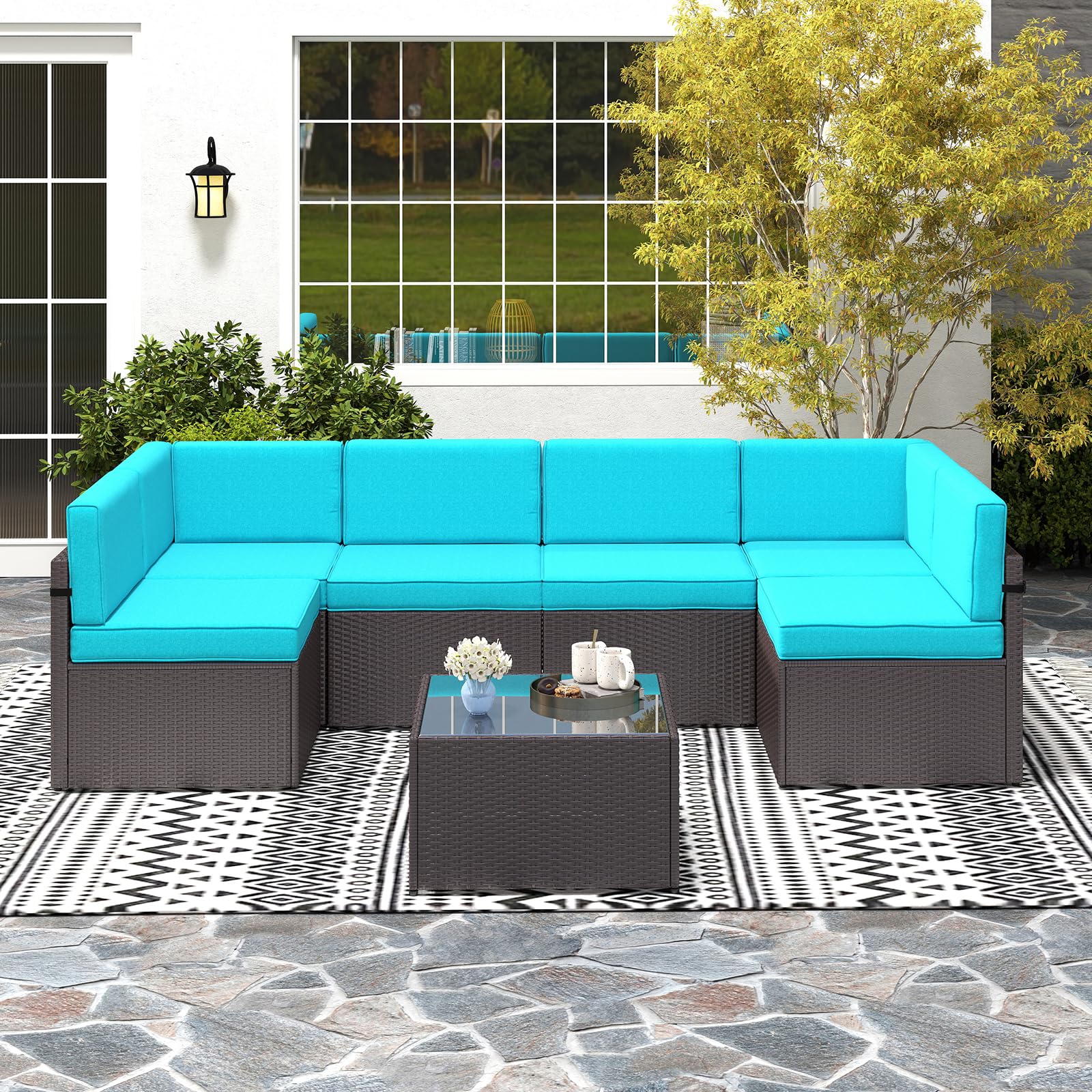 Kinfant 7-Piece Outdoor Patio Furniture Set - PE Brown Wicker Sectional Sofa with Glass Coffee Table & Cushions, All-Weather Garden Poolside Lounge Set for Backyard, Deck, Porch (Turquoise)