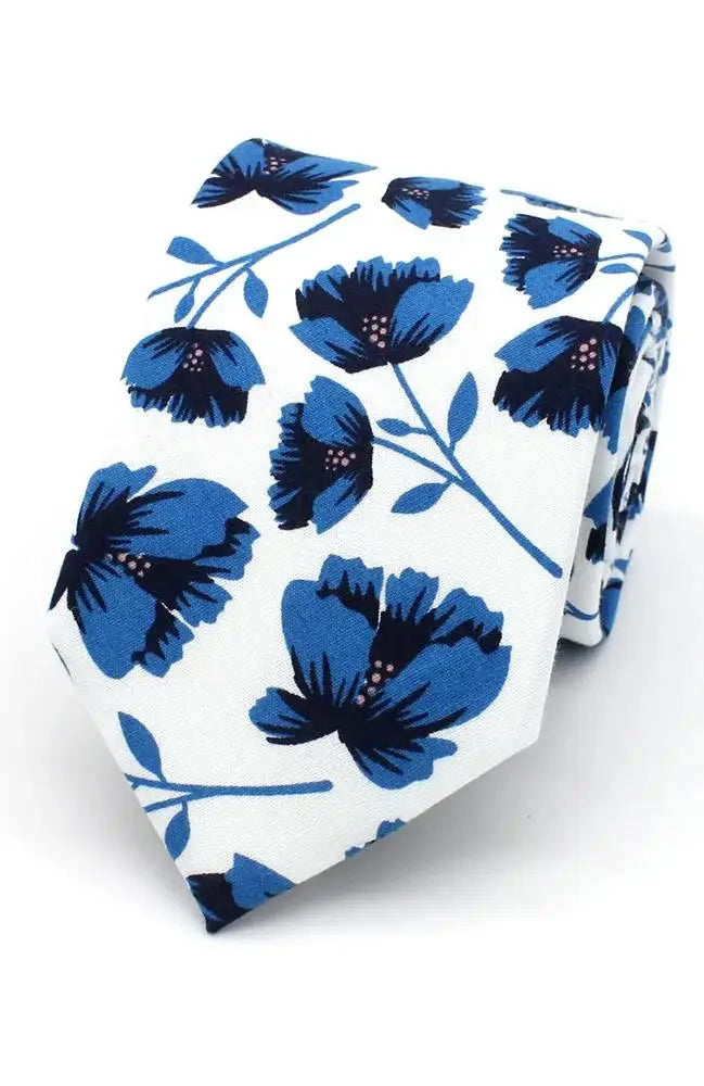 L A Smith Large Flower Navy on White Tie and Hank Set - Elegant Formal Accessories for Weddings, Prom, and Business Events