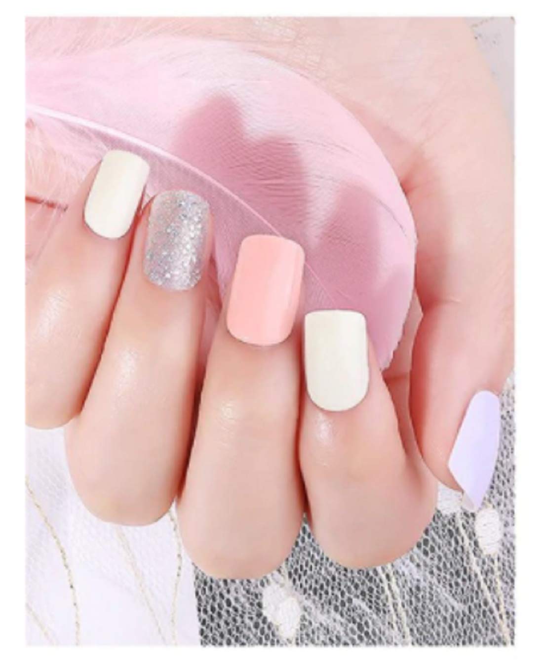 30 Pcs Press On Nails Set - Nude White Silver UV Gel Glossy Fake Artificial Nails with Glue & Stickers | Easy DIY Nail Extensions for Women | Perfect for Parties, Weddings & Everyday Wear
