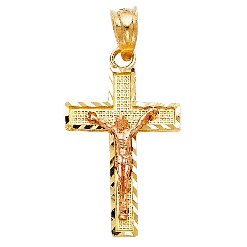 14K Yellow Gold and White Gold Side Sparkle Cut Crucifix 13x21mm Necklace for Women - Elegant Religious Jewelry Gift for Christmas, Baptism, and Everyday Wear