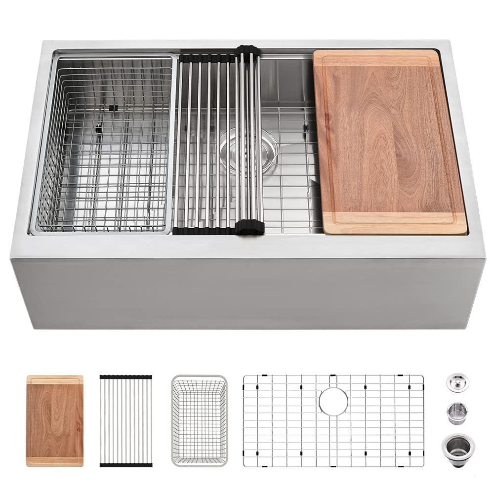 33 Inch Stainless Steel Farmhouse Sink - VASOYO 33x22 Single Bowl Kitchen Sink with Cutting Board, 16 Gauge Flat Apron Front Ledge Workstation for Modern Farmhouse & Rustic Kitchen Renovation | Perfect for Meal Prep, Dishwashing & Entertaining