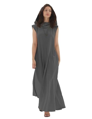 Women's Sleeveless Hooded Maxi Dress - Linen Fairy Fashion Dress Plus Size (M, Black Gray) for Summer Beach, Boho Festival & Casual Outings