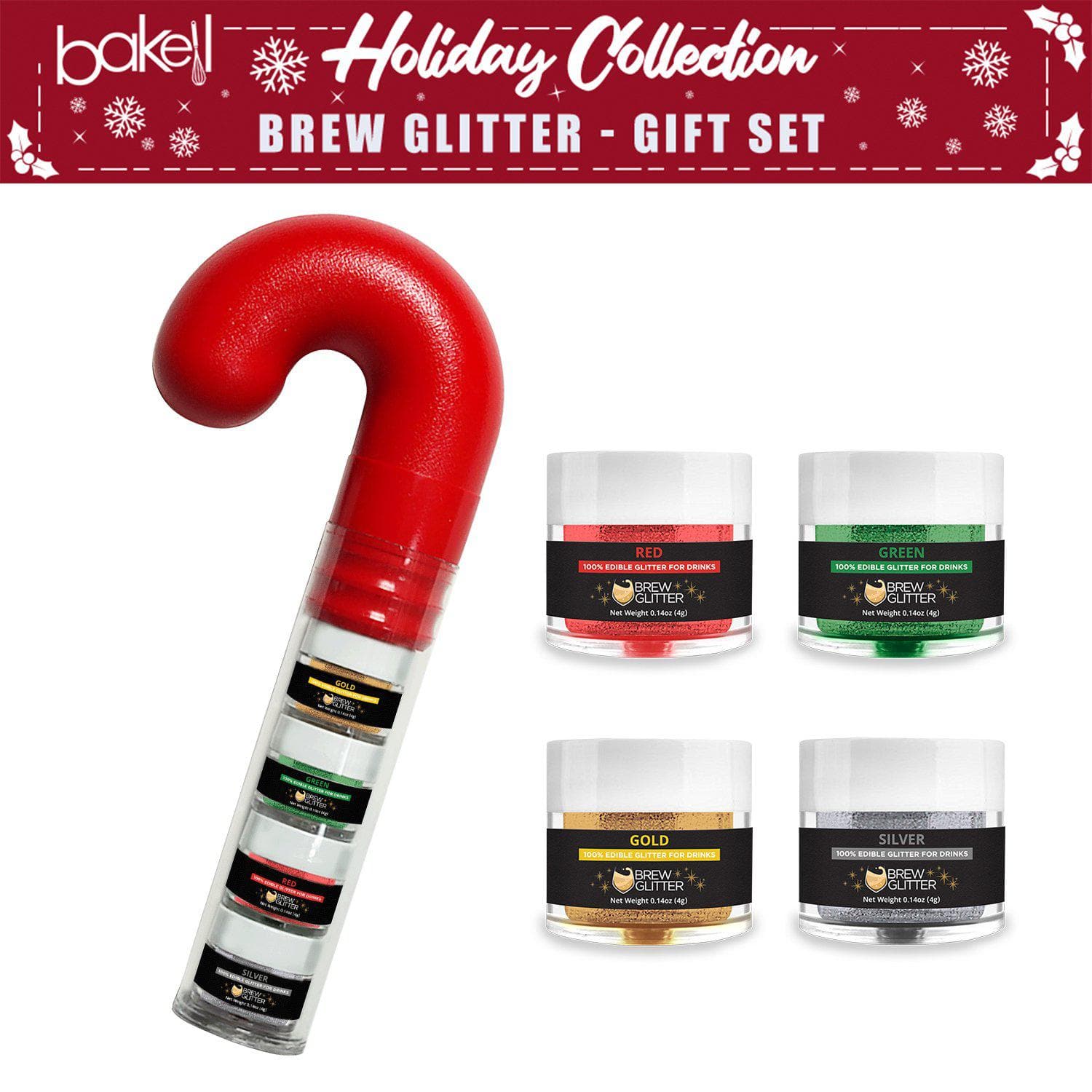Christmas Candy Cane Brew Glitter Combo Pack - 4 Piece Set for Holiday Baking, Party Decorations & Festive DIY Crafts