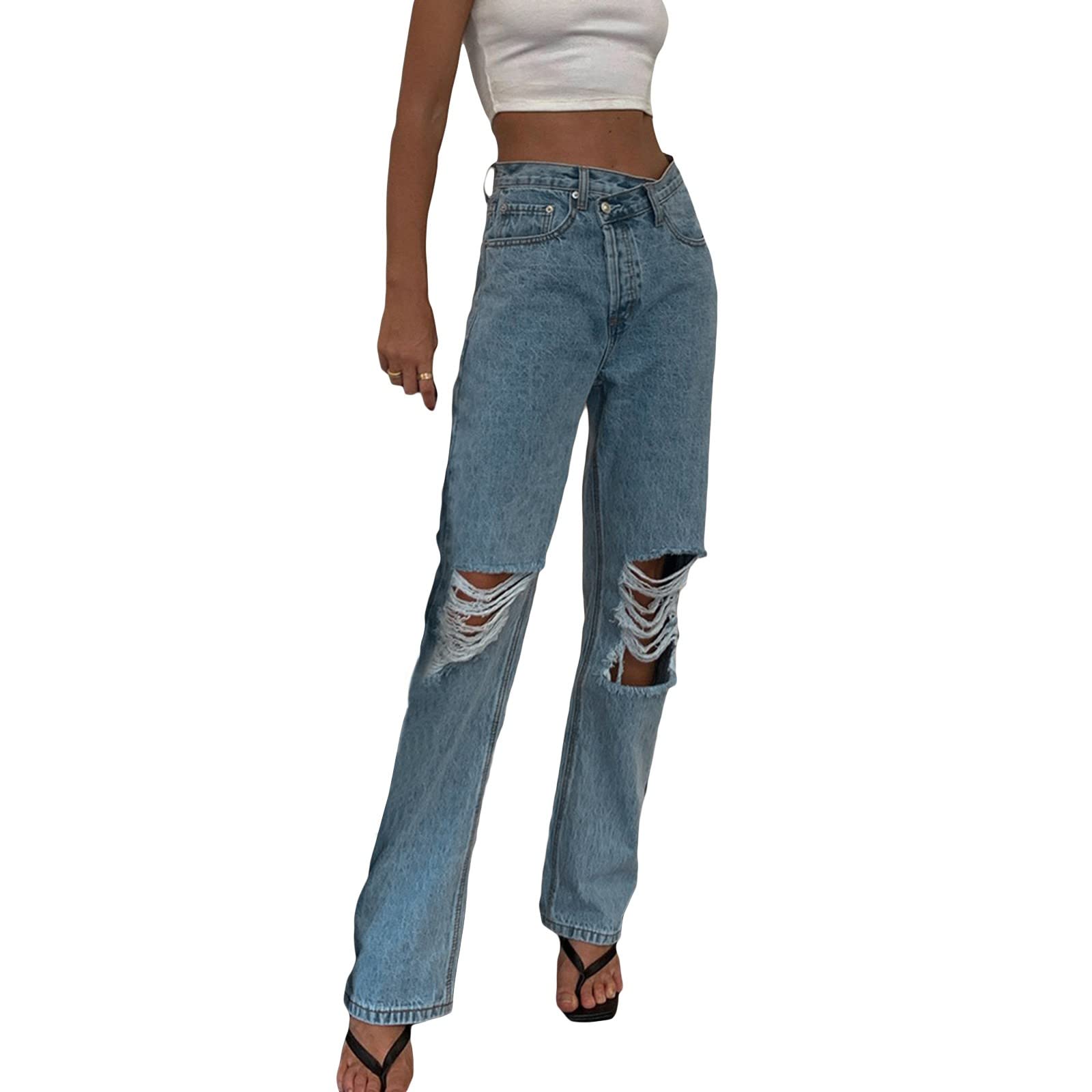 Women's High Waist Ripped Denim Jeans - Loose Fit Straight Leg Casual Cotton Pants for Everyday Wear | Perfect for Street Style, Shopping & Weekend Outfits