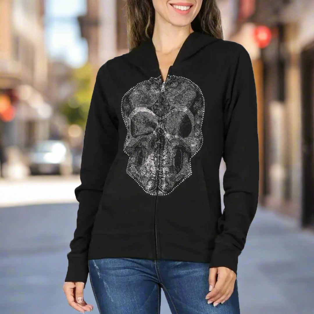 Platinum Plush Women's Skull Full Zip Hoodie - Soft Fleece Jacket with Skull Design for Casual Wear, Street Fashion & Winter Outfits