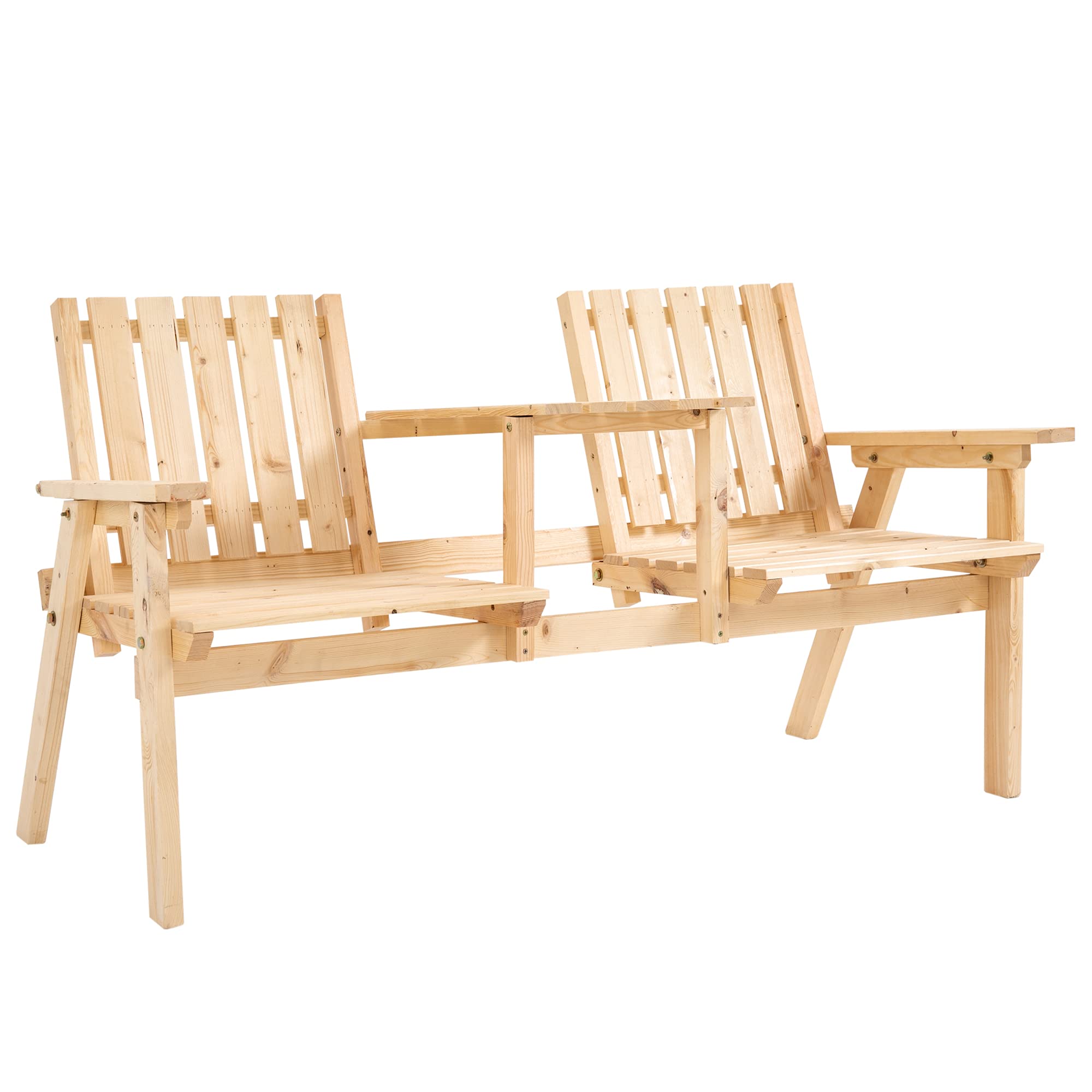 Outsunny Wooden Patio Bench with Middle Table & Umbrella Hole - Natural Garden Bench for Outdoor, Porch, Poolside, Balcony - Perfect for Relaxing in Backyard or Entertaining Guests