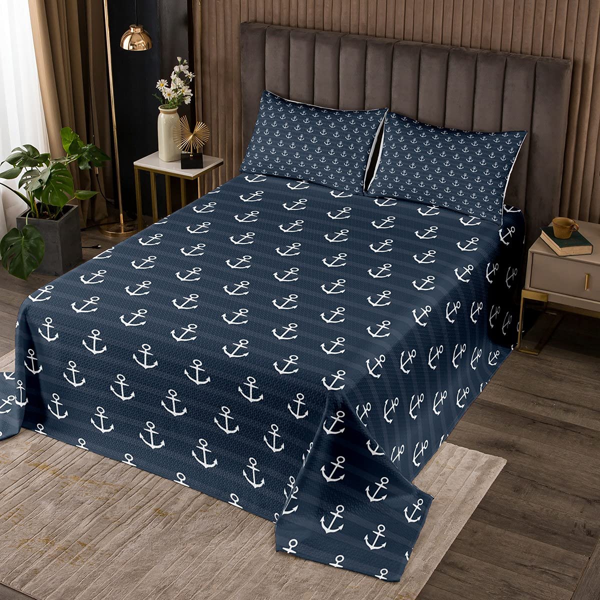 Feelyou Nautical Anchor Quilted Coverlet Set - 3Pcs Queen Size Blue White Ocean Theme Bedspread for Kids, Boys, Girls & Teens | Perfect for Coastal Bedroom Decor, Marine-Themed Rooms & Voyage-Inspired Home Styling