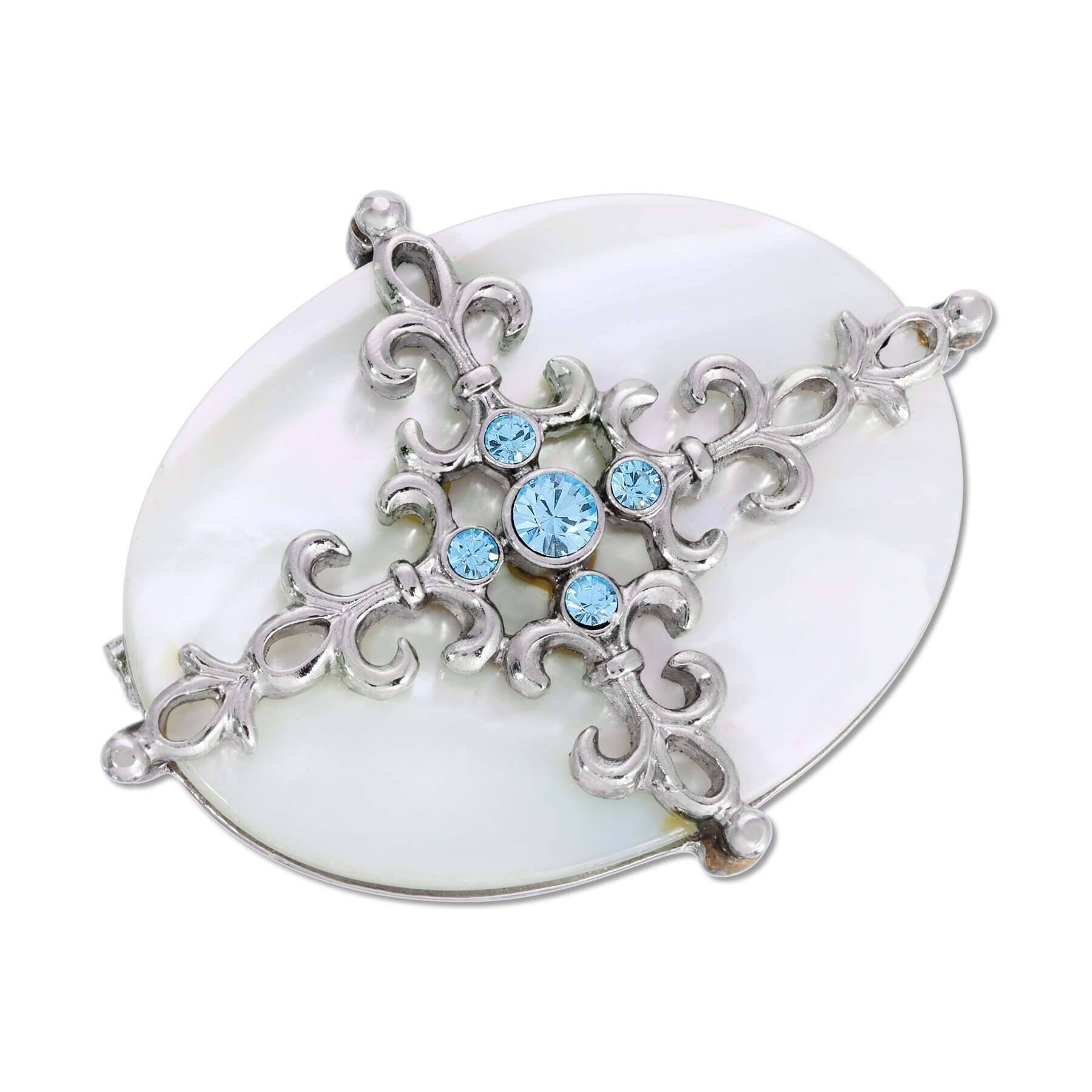 Vintage 1928 Aquamarine Crystal & Mother of Pearl Filigree Brooch Pin - Elegant Antique Jewelry for Women, Perfect for Weddings, Parties & Special Occasions