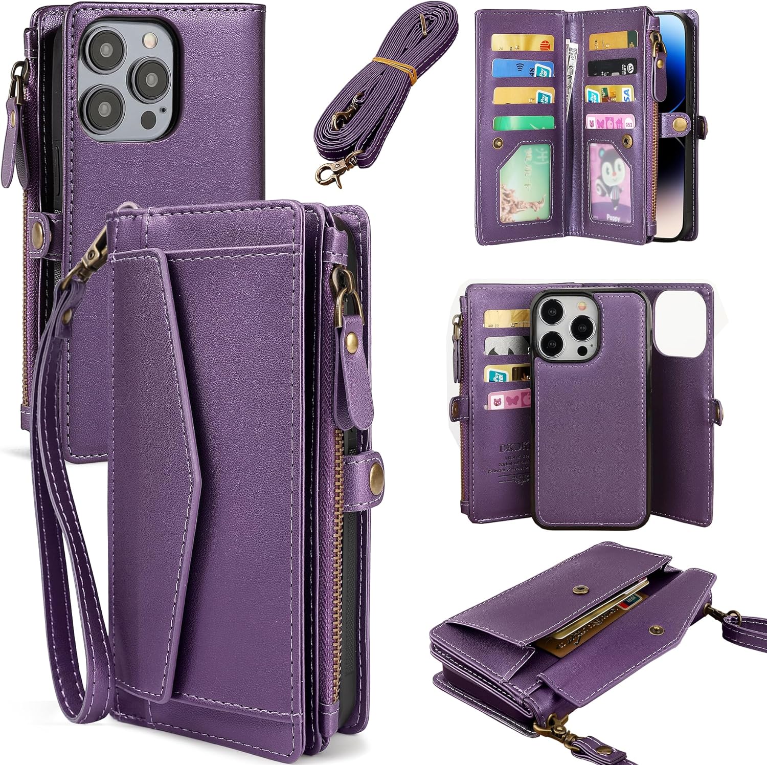 iPhone 15 Pro Wallet Case with Card Slots & Crossbody Strap - Purple Leather Phone Cover Compatible with MagSafe & Wireless Charging | Perfect for Travel, Shopping & Everyday Use