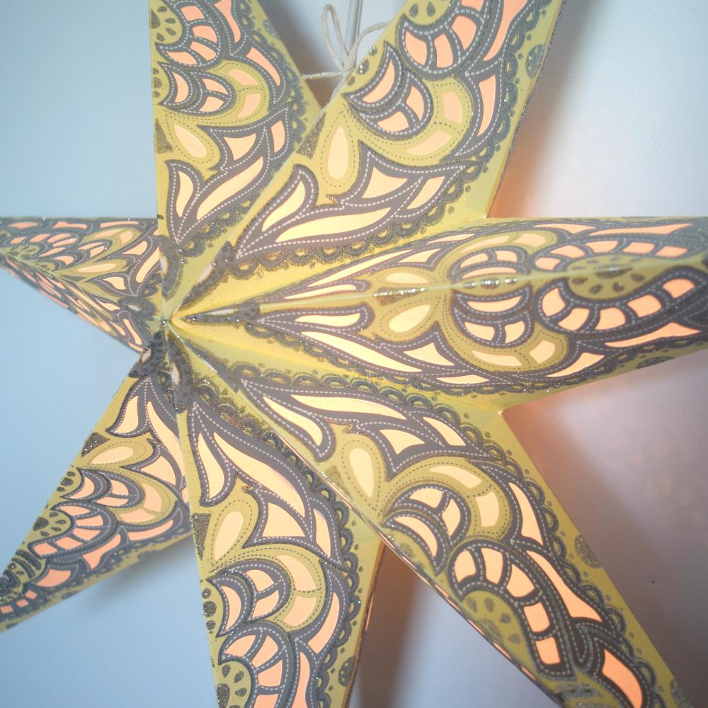 24-Pack Yellow Cream Babylon Glitter 7-Point Paper Star Lanterns - Hanging Wedding, Party & Festival Decorations - Perfect for Indoor/Outdoor Celebrations, Baby Showers & Home Decor