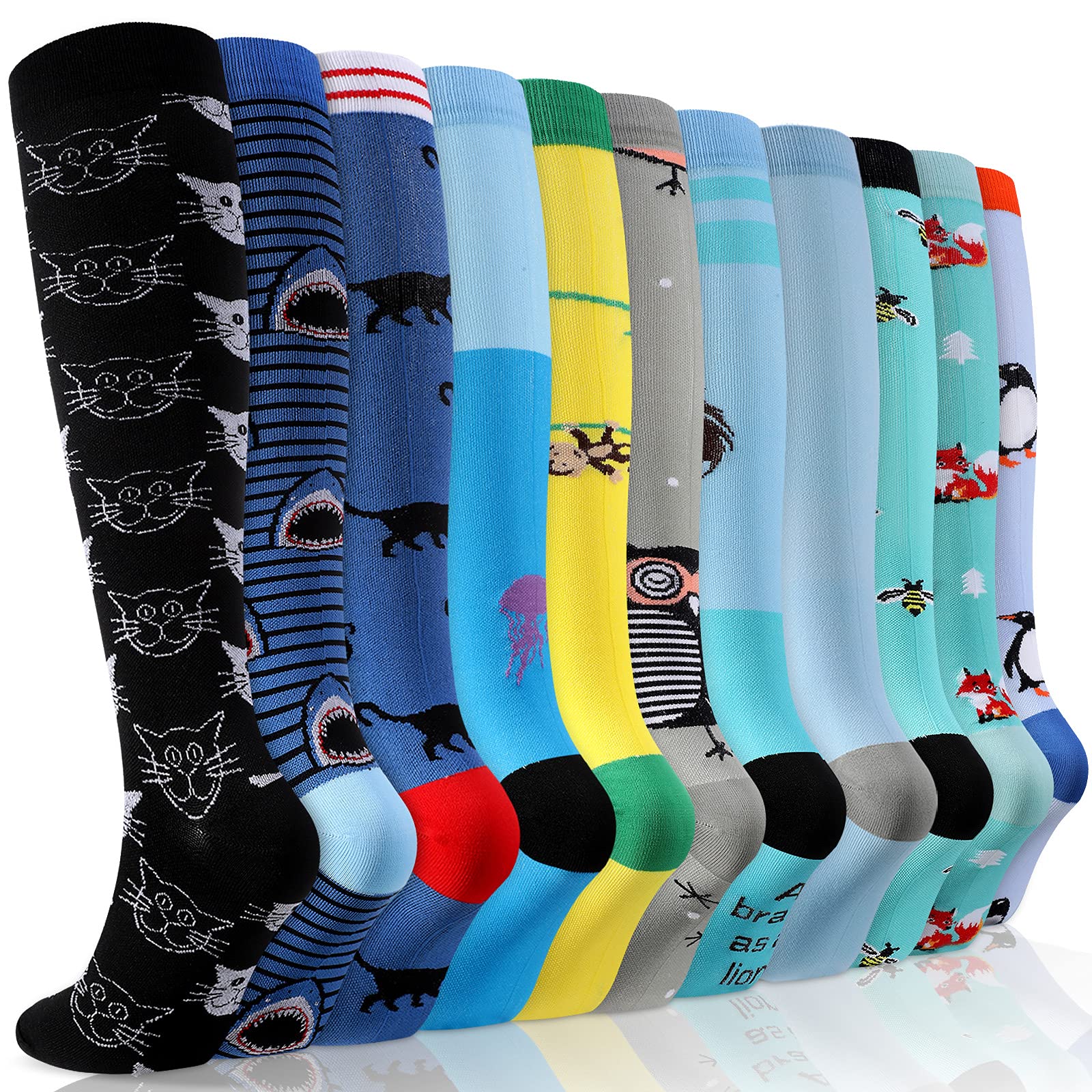 11 Pairs Compression Socks for Women & Men - Wide Calf Support Socks for Nurses, Running, Travel - Improve Blood Circulation & Reduce Swelling - Fun Animal Print Design for Workouts & Daily Wear