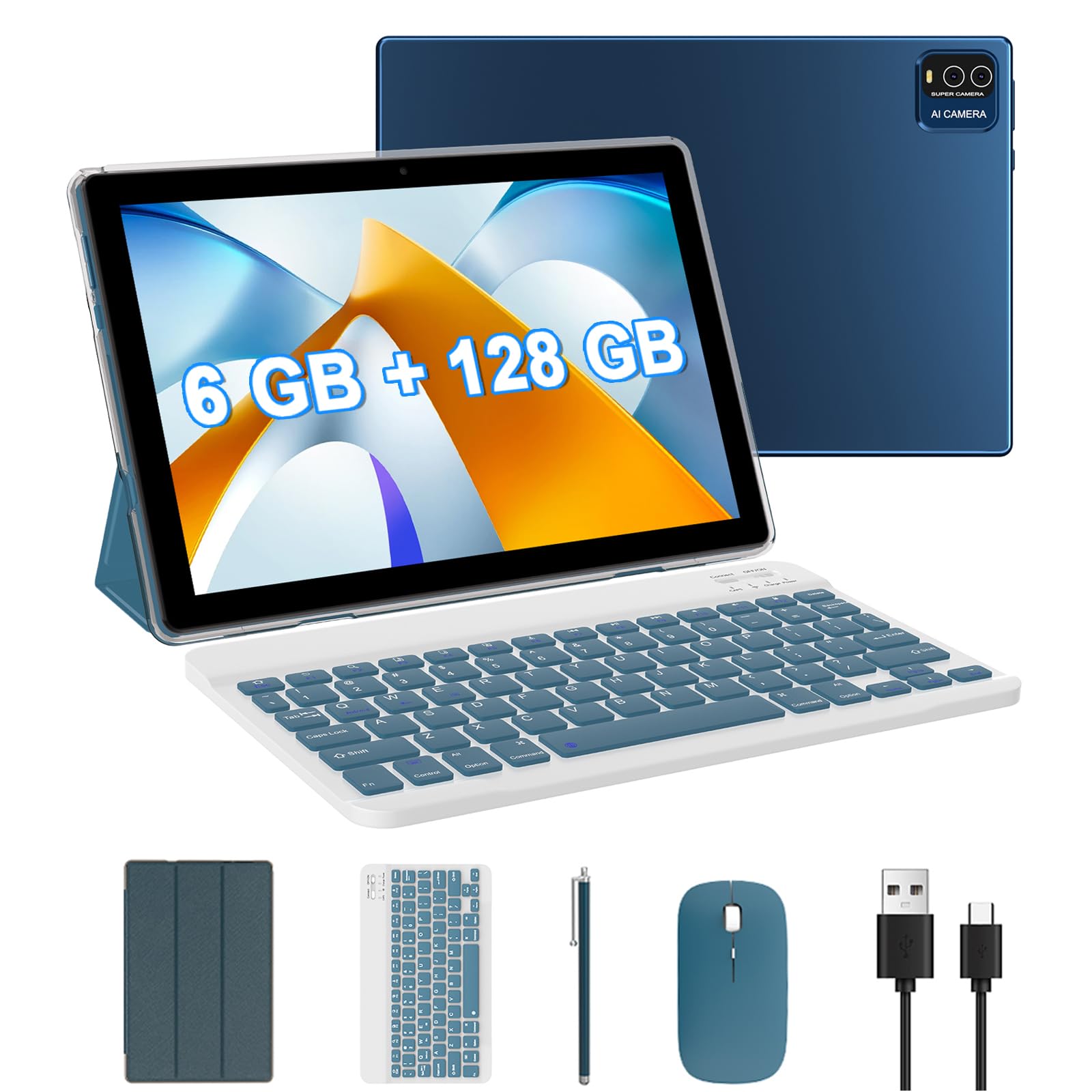 2024 Newest 10 Inch Android 13 Tablet - 12GB RAM 128GB ROM (Expandable to 1TB), 2-in-1 Tablet with Keyboard, Quad-Core 2.0GHz Processor, HD Touchscreen, 5G WiFi 6, BT 5.0, 8MP Camera - Perfect for Work, Study & Entertainment