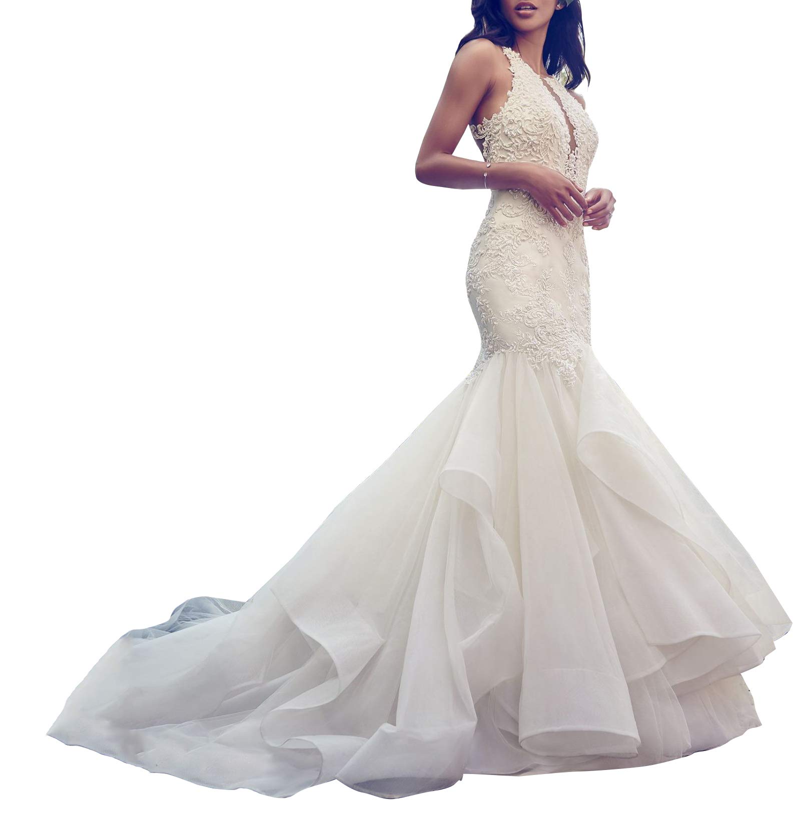 Elegant Mermaid V-Neck Wedding Dress with Embroidered Organza Ruffles - Perfect for Brides & Beach Weddings