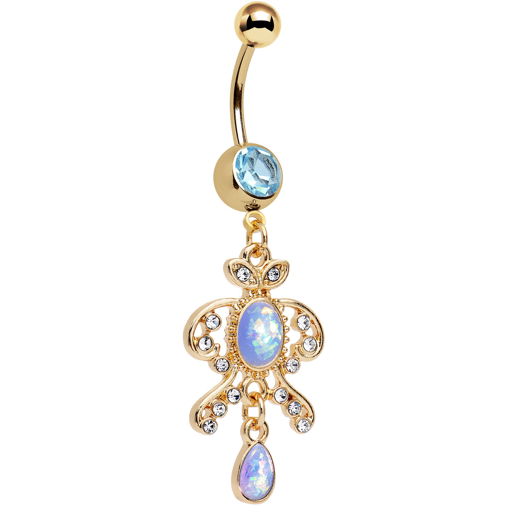 Gold Anodized Steel Victorian Belly Ring - Iridescent Light Blue Dangle for Belly Piercing Jewelry