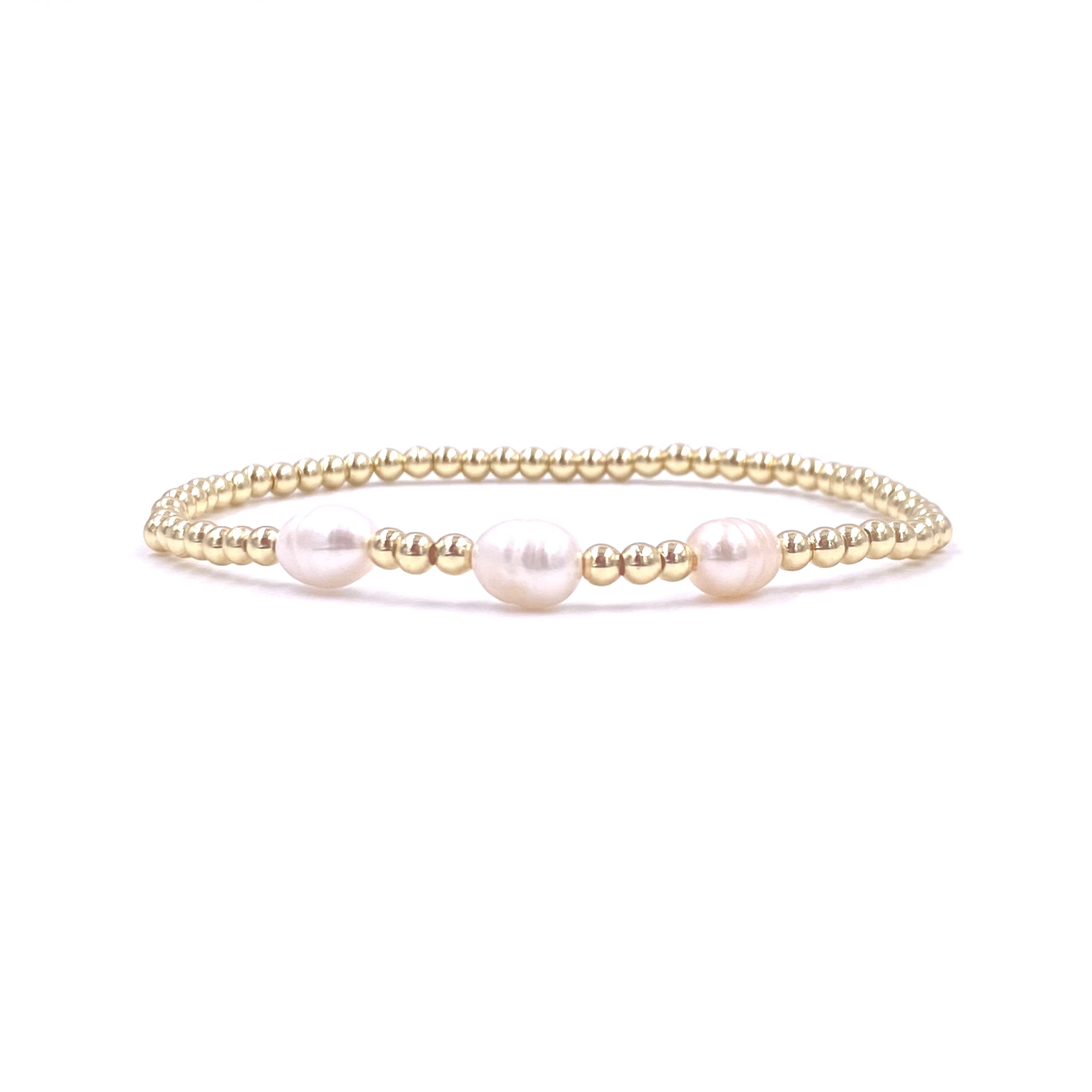 Ashley Gold Stainless Steel Gold Plated 3 Freshwater Pearl Beaded Stretch Bracelet for Women - Elegant Jewelry Gift for Birthday, Wedding & Special Occasions
